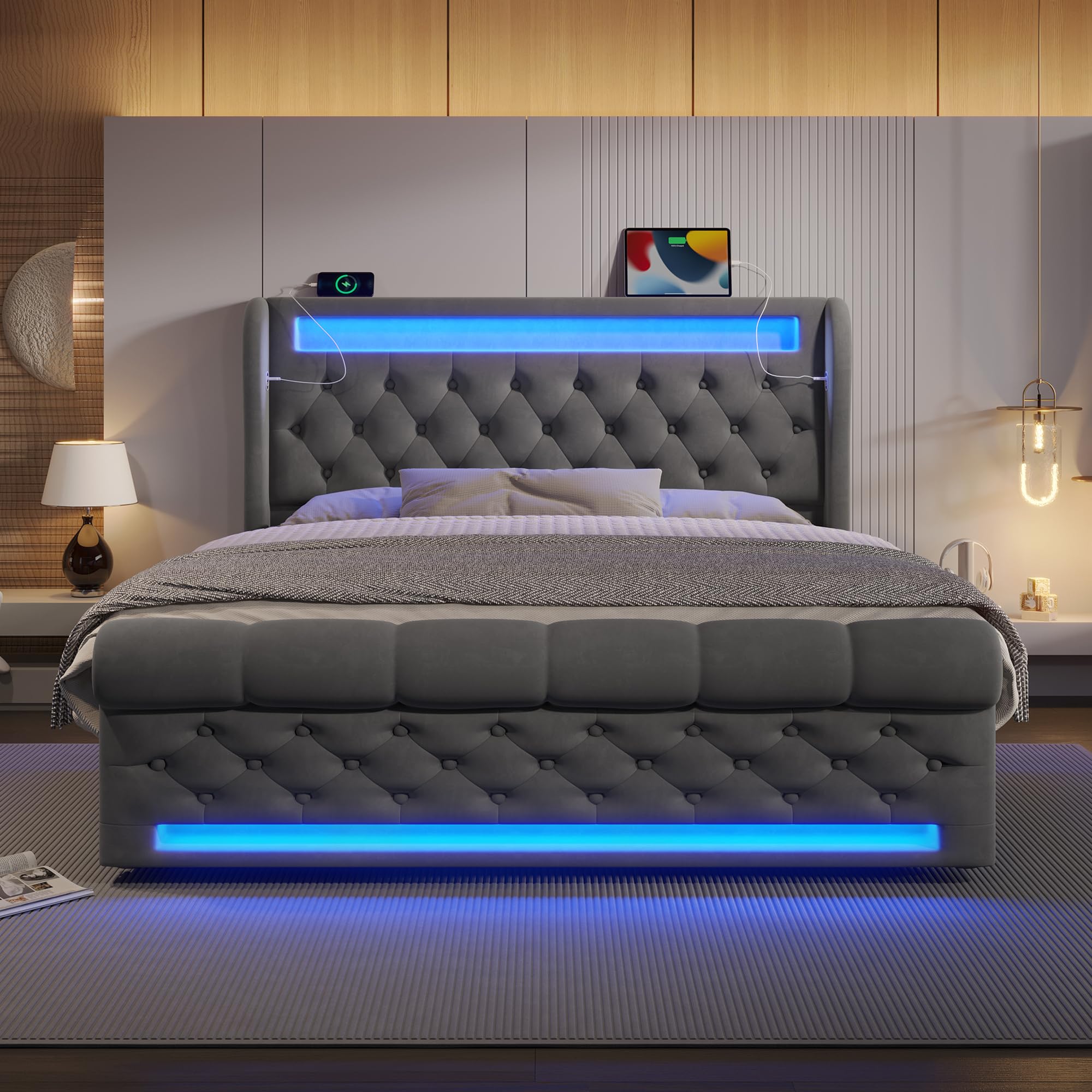Nowoczesne łóżko tapicerowane, podwójne łóżko 160 x 200 cm, tapicerowane łóżko z diodami LED, zagłówek do przechowywania z portami USB i typu C, hydrauliczne łóżko do przechowywania, szare
