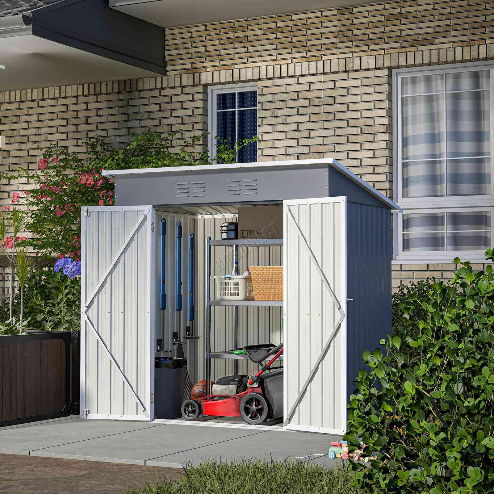 BIRCHTREE Garden Shed Metal Pent Roof 4FT X 6FT Outdoor Storage With Free Foundation Grey and White, 4X6FT