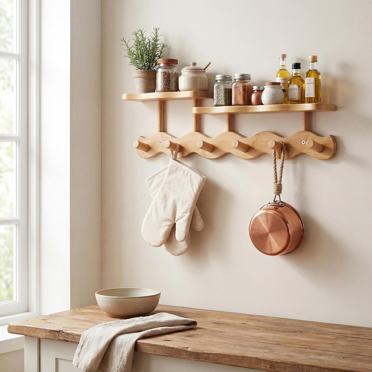 Wave-Shaped Bamboo Coat Rack Wall Mount with Shelves - Modern Decorative Wall Hooks for Entryway, Bathroom & Bedroom,Eco-Friendly Organic Wood Wall Mounted Rack for Hanging Coats, Bags, Keys 6 Hooks