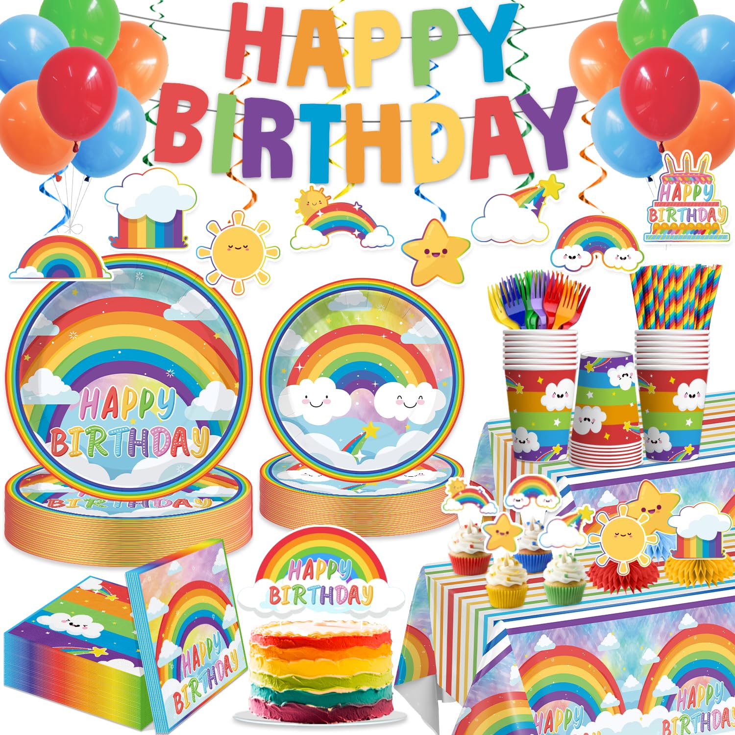 Cocomigo 179pcs Rainbow Birthday Decorations for Kids, Includes 300gsm Sturdy Plates and 2 Tablecloths Balloons Rainbow Happy Birthday Banner for