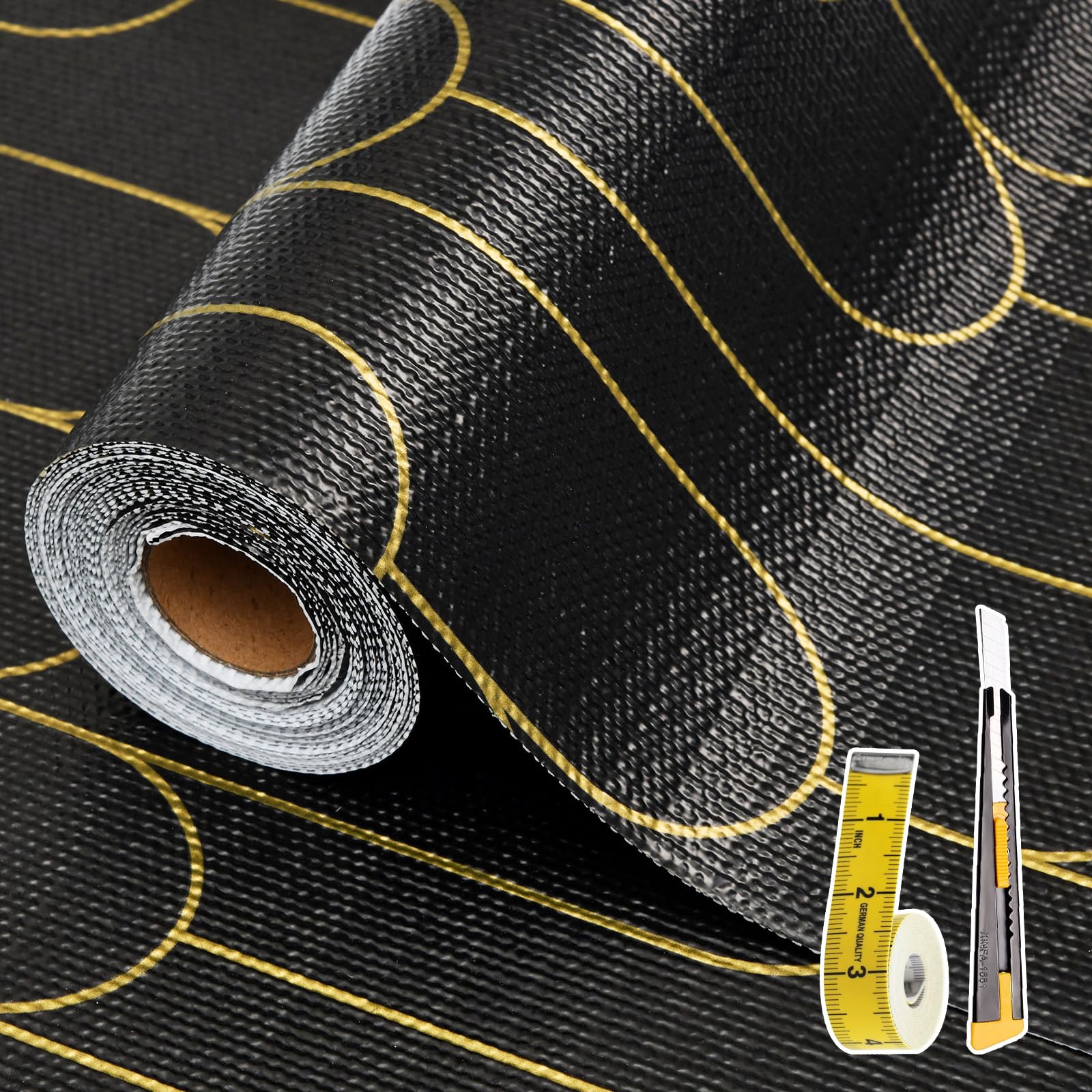 Shelf Liners for Kitchen Cabinets Drawer Liner 30x300cm Non Adhesive Black Gold Line Thickened Refrigerator Shelf Liner Paper Strong Easy to Clean for Tool Box with Knife and Tape Measure
