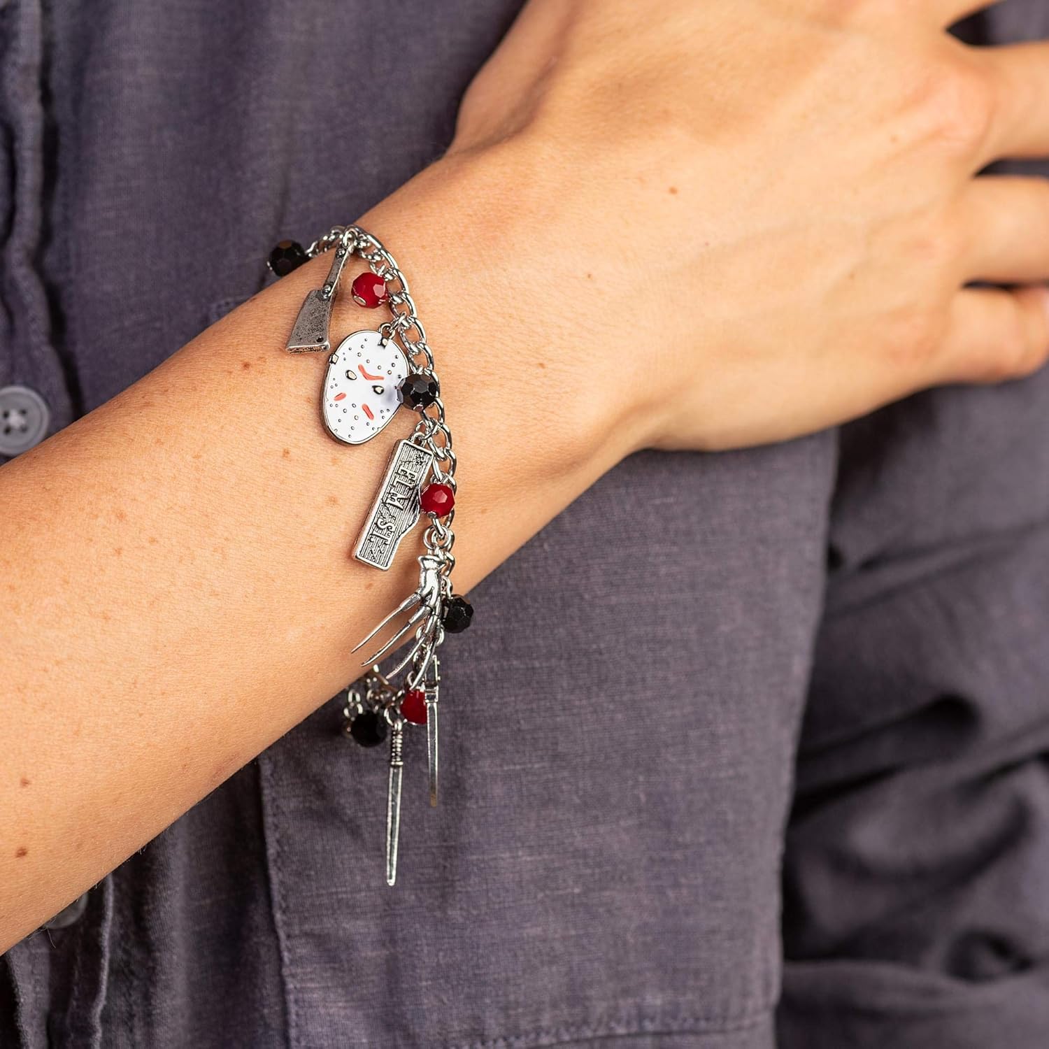 Freddy vs. Jason 15mm Enamel Charm Bracelet - Polished Silver Finish Chain Bangle Jewelry with Black & Red Beads for Men, Women or Unisex - Cool Novelty Item for Classic American Horror Movie Fans - Image 7