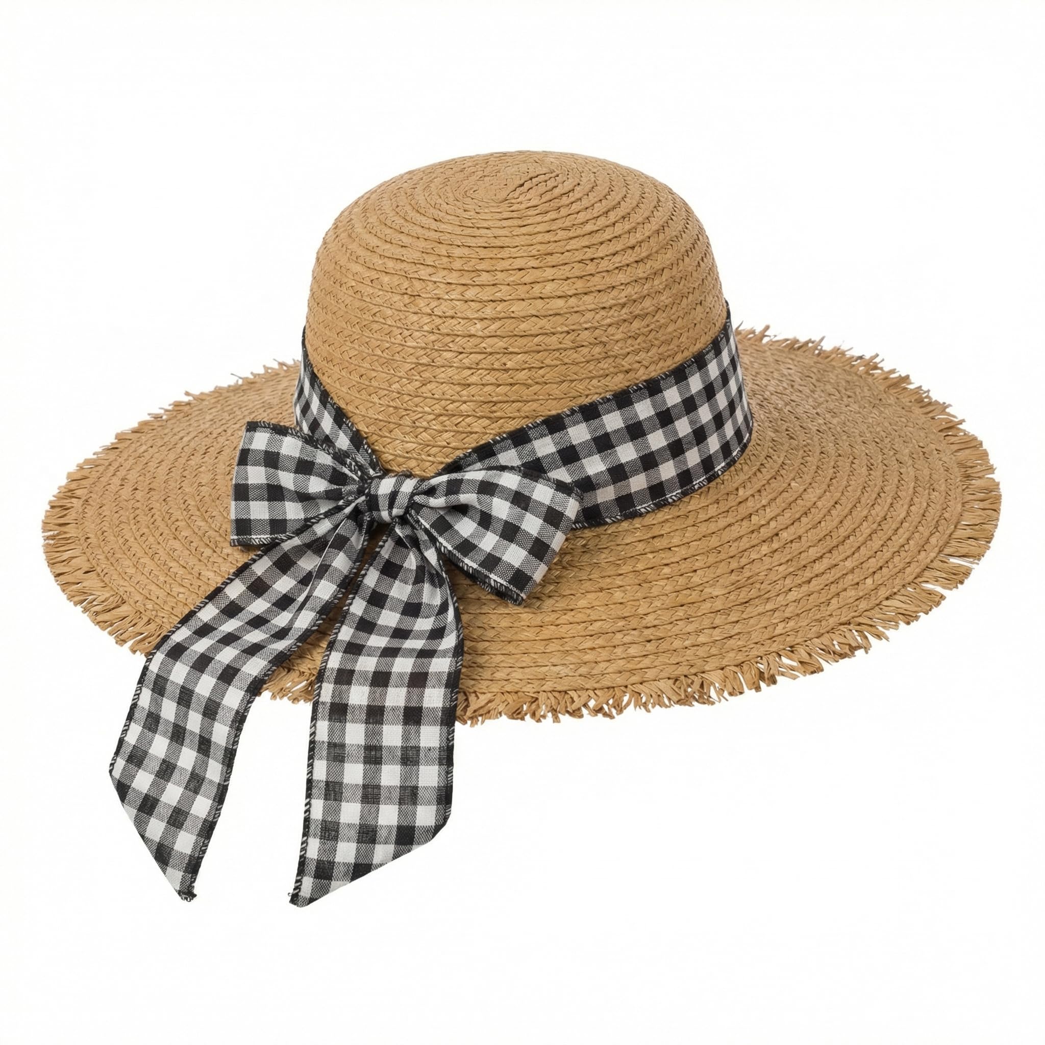 MIJOMA Strohhut mit Karierter Schleife – Leichter Sonnenhut mit breiter Krempe in Einheitsgröße – stilvoll für Urlaub Strand und Garten