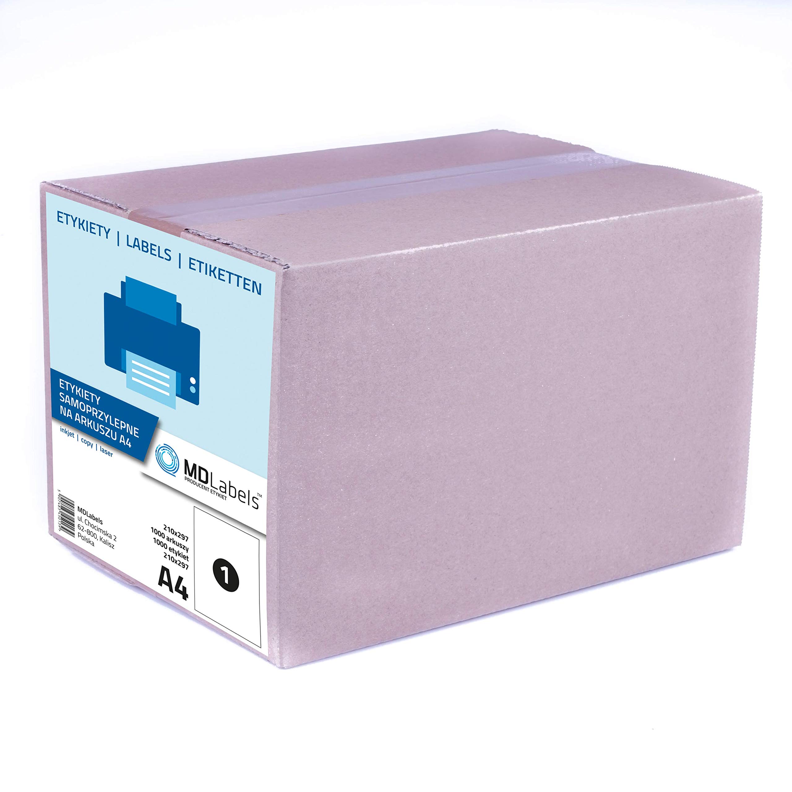 MD Labels etykiety DIN A4 (297x210 mm, 1000 etykiet na 1000 ark.) etykiety samoprzylepne - papier matowy - do zadruku - samoprzylepne - białe
