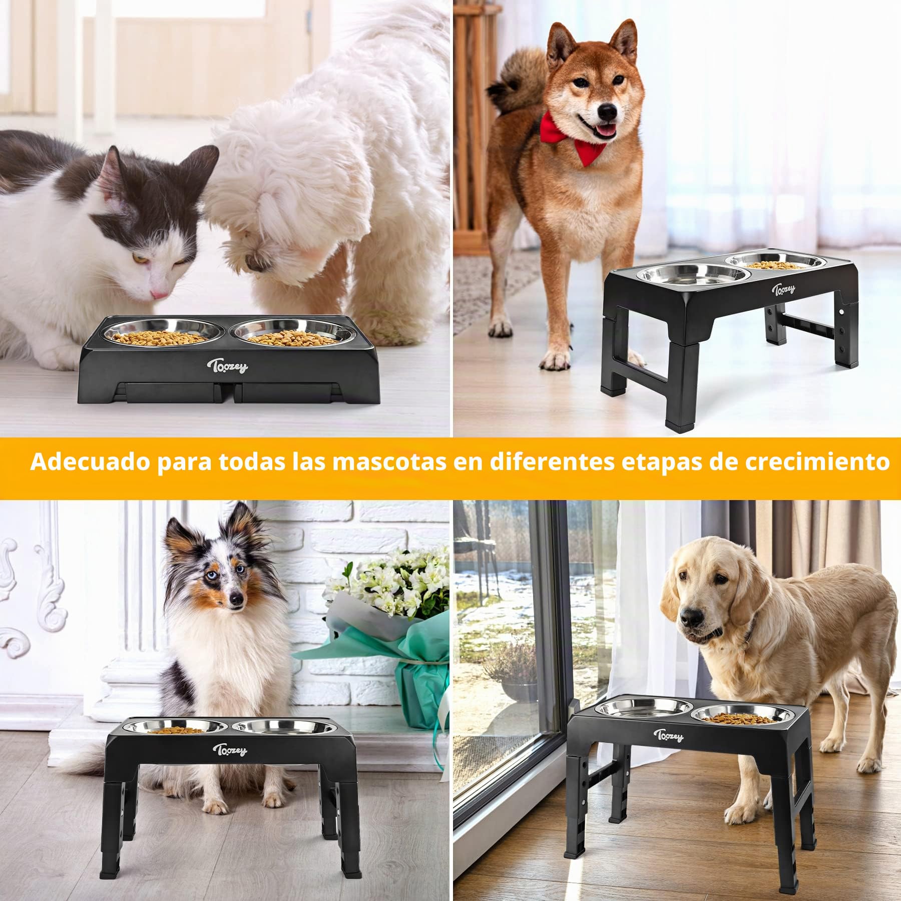 Toozey Comedero Elevado Perro con Tazones de Acero Inoxidable Dobles de 1,2 L de 4 Altura Ajustable para Alimentador de Agua y Comida para Mascotas y Gatos, Negro