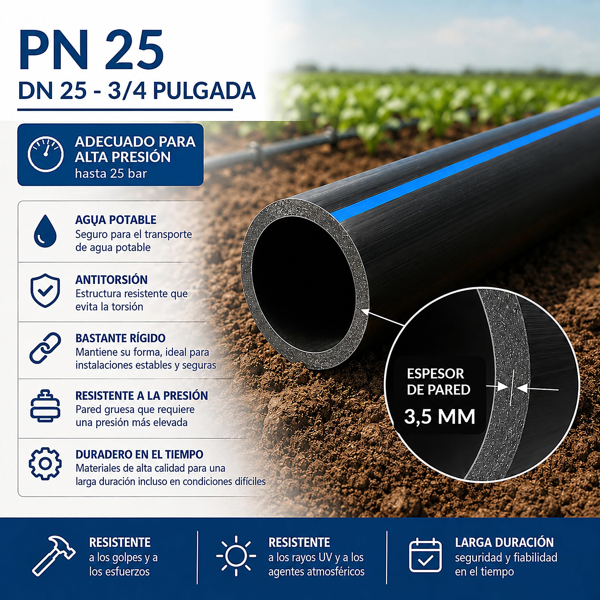 ESTO Manguera de riego 25 PN 50 o 100 metros Ø 20 25 32, manguera de agua de jardín, tubo de polietileno de alta densidad, riego de alta presión, huerto, manguera para riego (25 mm Ø, 100 metros)