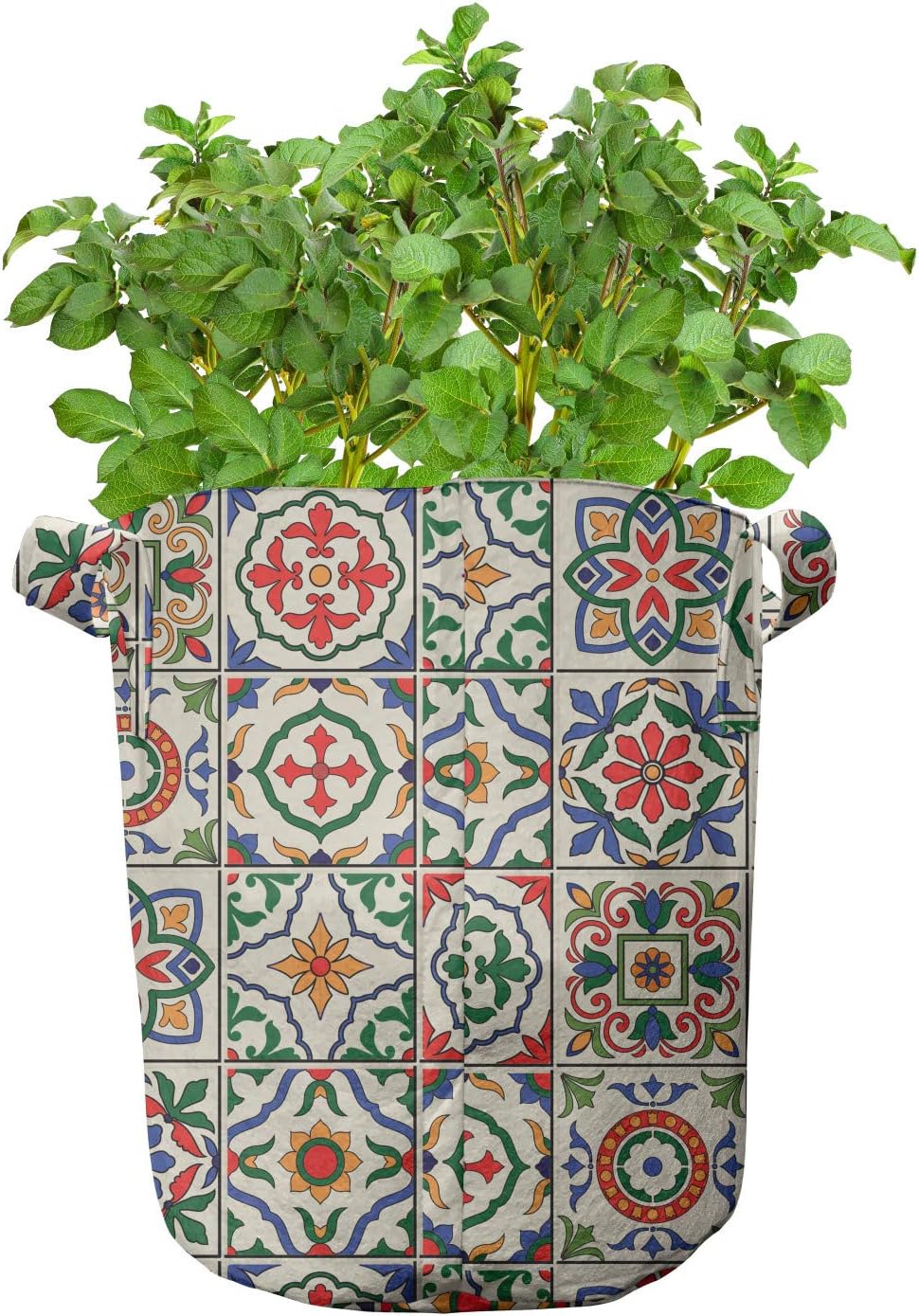 Lunarable Geometric Grow Bags 5-Pack, Portuguese Azulejo Mosaic, Heavyduty Fabric Pots with Handles for Plants, 7 Gallon, Multicolor