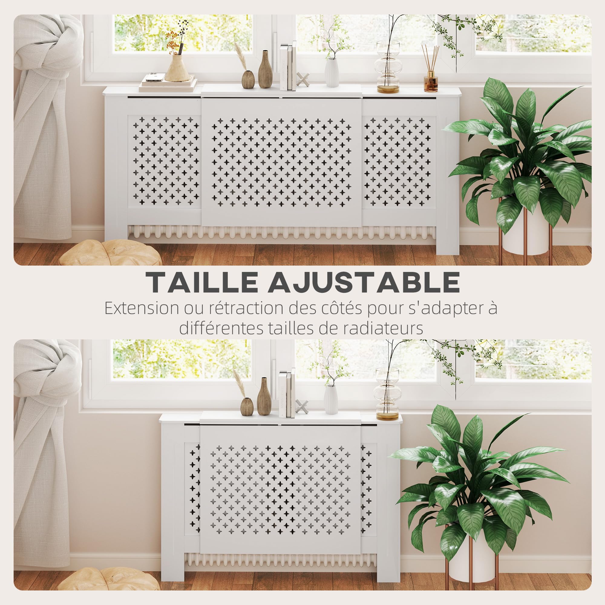 HOMCOM Copriradiatore regolabile contemporaneo a nido d'ape 136-200 x 21,5 x 91,7 cm Copriradiatore in legno per camera da letto, soggiorno - bianco