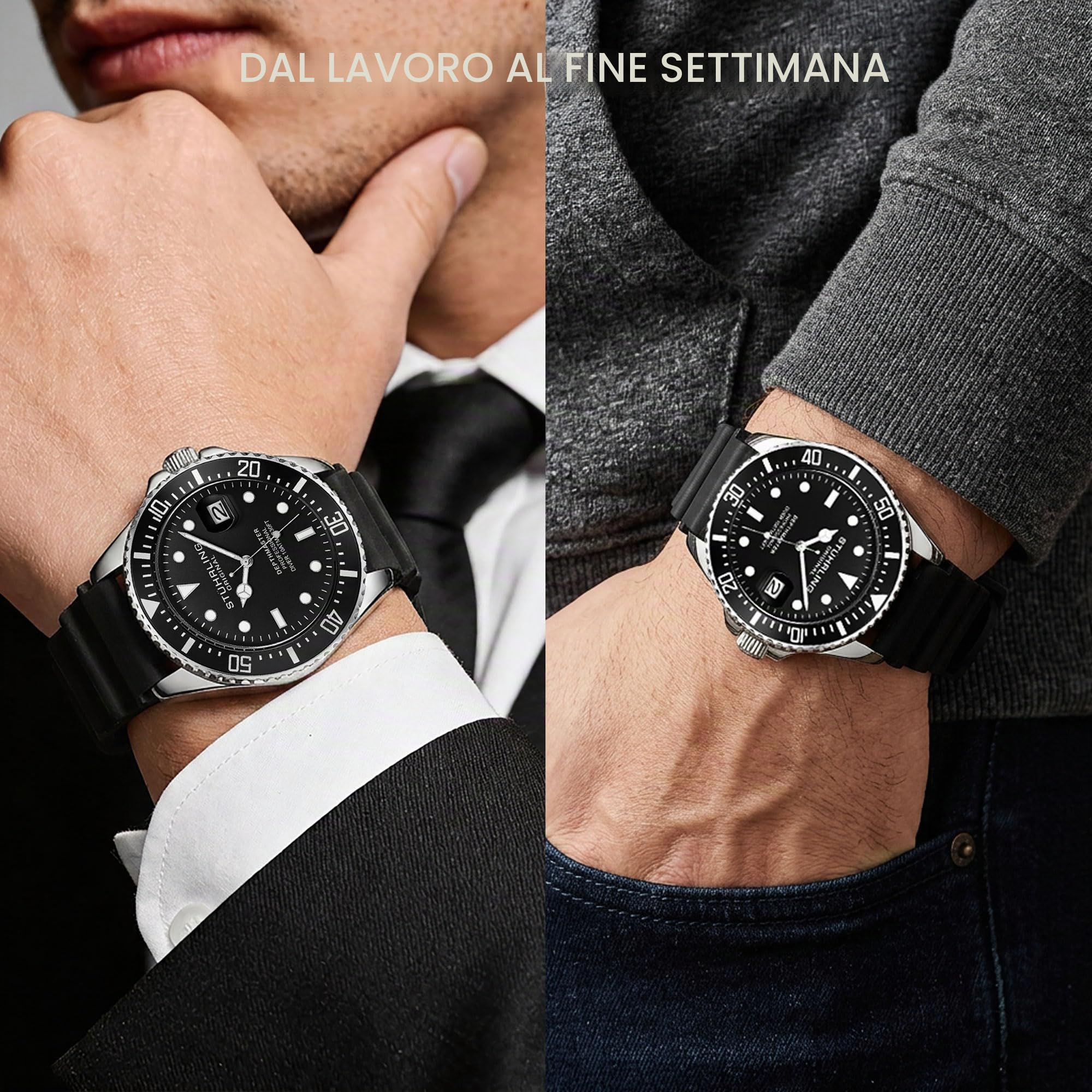 Stuhrling Original Orologio subacqueo da uomo, cassa in argento da 42 mm con corona a vite, cinturino in gomma, resistente all'acqua fino a 100 m.