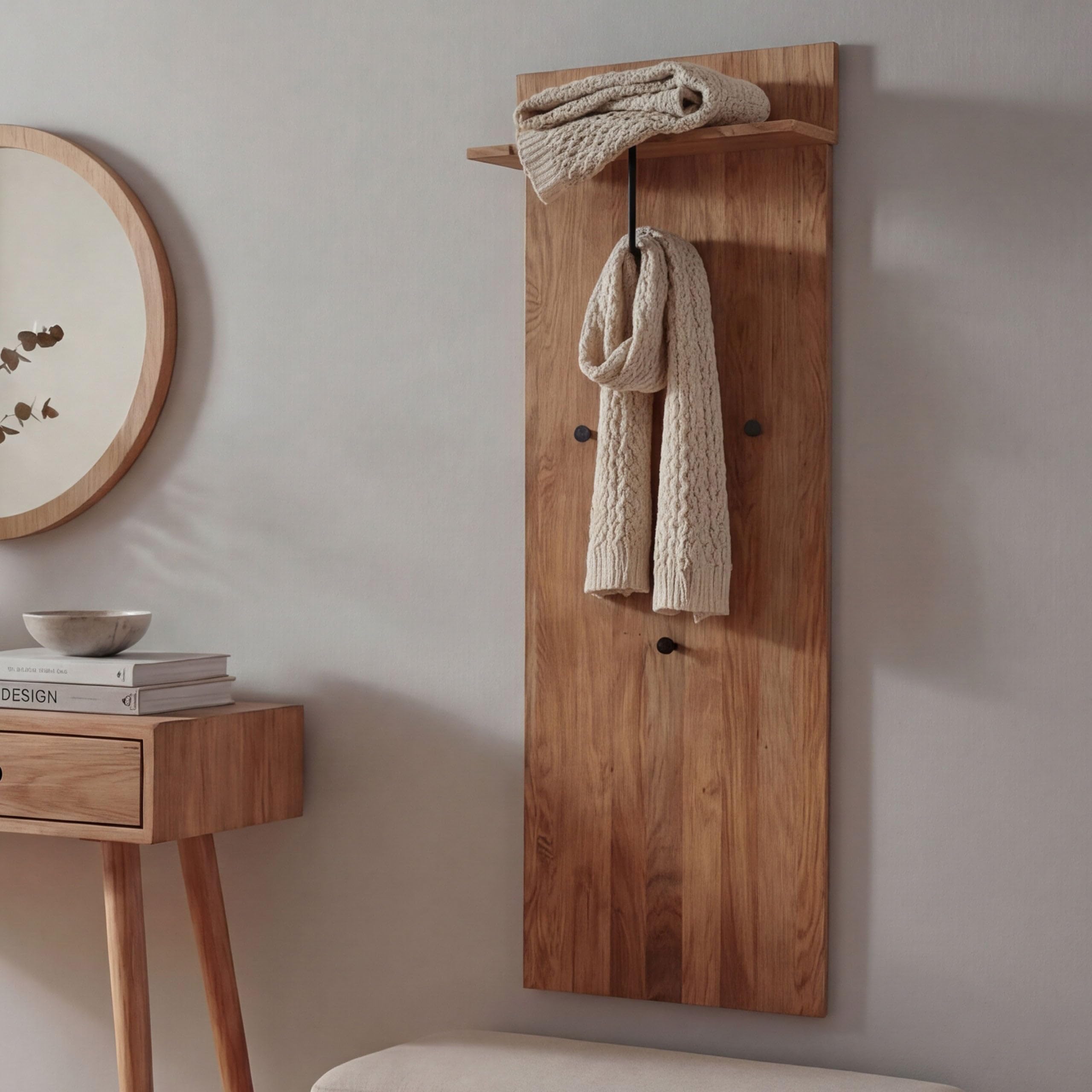 MCA Garderobenpaneel HWC-P55 Massiv-Holz Ablagefläche Haken, Eiche
