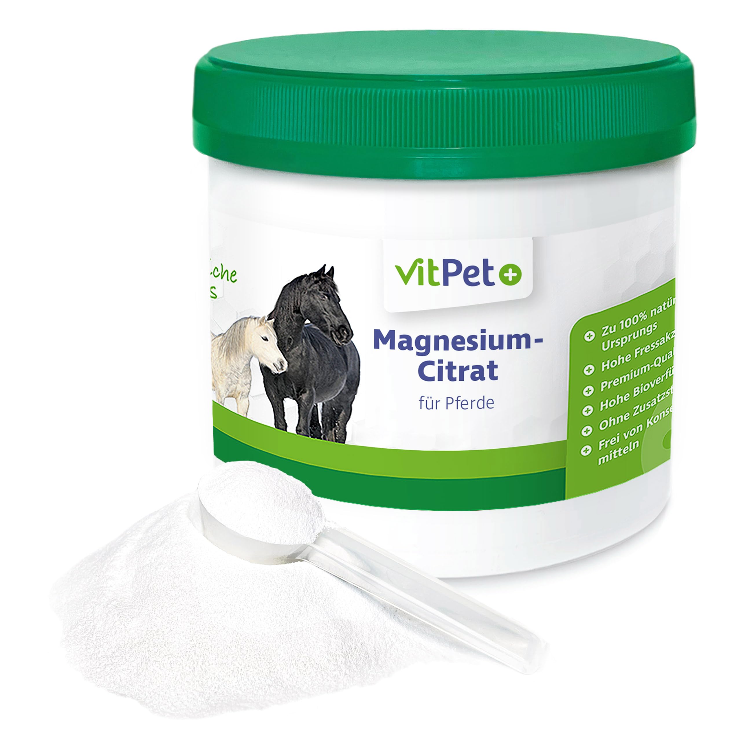 VitPet+ Magnesiumcitrat für Pferde – Magnesium Pferd – Premium Magnesiumcitrat Pulver – Zur Unterstützung von Muskulatur und Nervensystem – 500 g inklusive Dosierlöffel