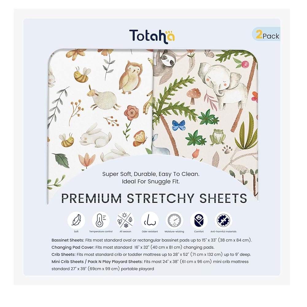 TotAha Premium Soft Graco Pack n Play Sheets Fitted, Super Stretchy Jersey Knit Mini Crib Sheets Fitted, Silky Comfort Pack and Play Mattress Sheets, 2 Pack (Happy Zoo & Jungle)