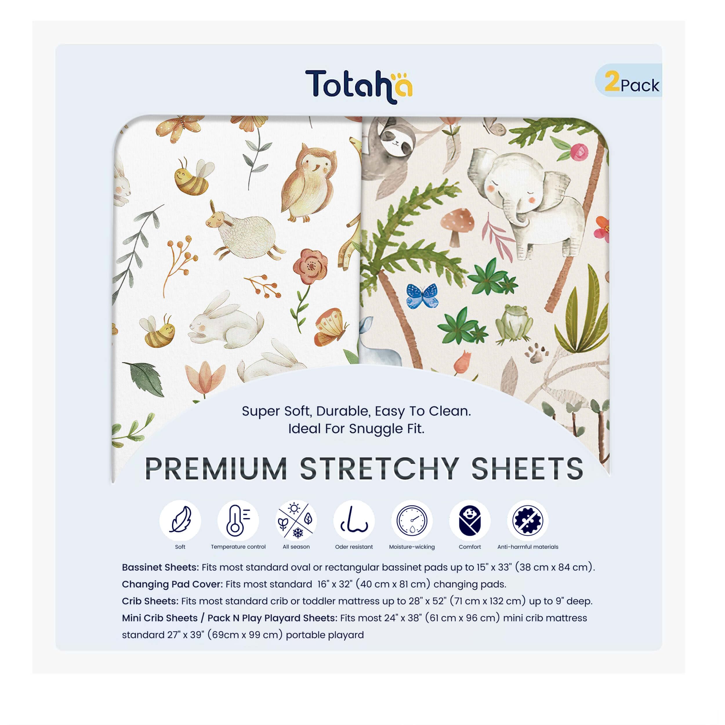 TotAha Premium Soft Bassinet Sheet for Boy Girl, Super Stretchy Jersey Knit Bassinet Fitted Sheet, Compatible with Halo, Maxi COSI, Mika Micky, SNOO, and Other Bassinet, 2 Pack (Happy Zoo & Jungle)