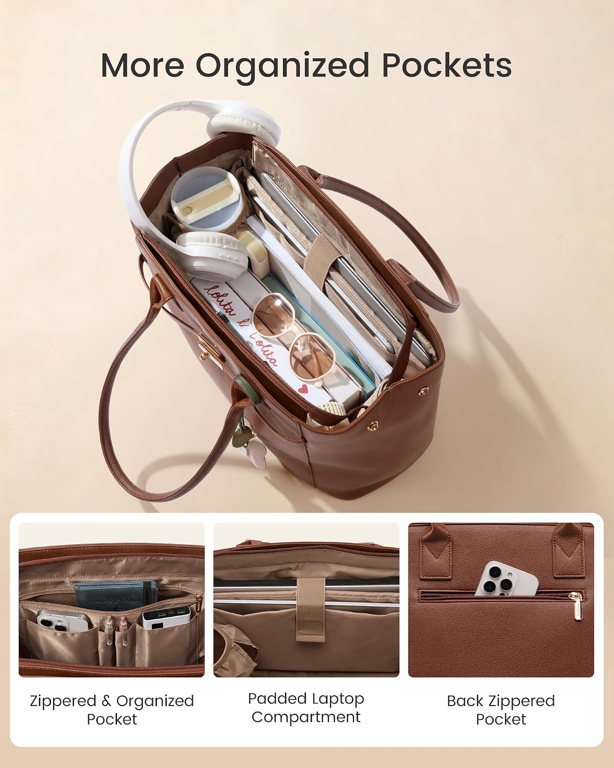  Laptop Bag for Women Work Tote with 40OZ Large Cup Holder | PU Leather Briefcase Handbag with Padded Computer Compartment for Teacher Nurse Business, Shape-Variable thumbnail