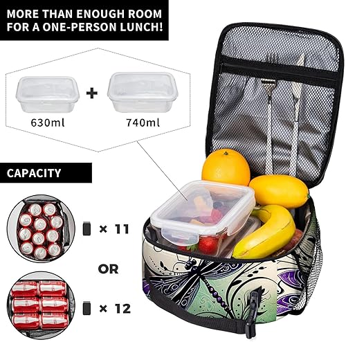 Miniatura 4 de OOZ Lonchera aislada para mujeres y hombres, linda libélula en negro y morado, reutilizable, a prueba de fugas, para adultos, oficina, almuerzo,