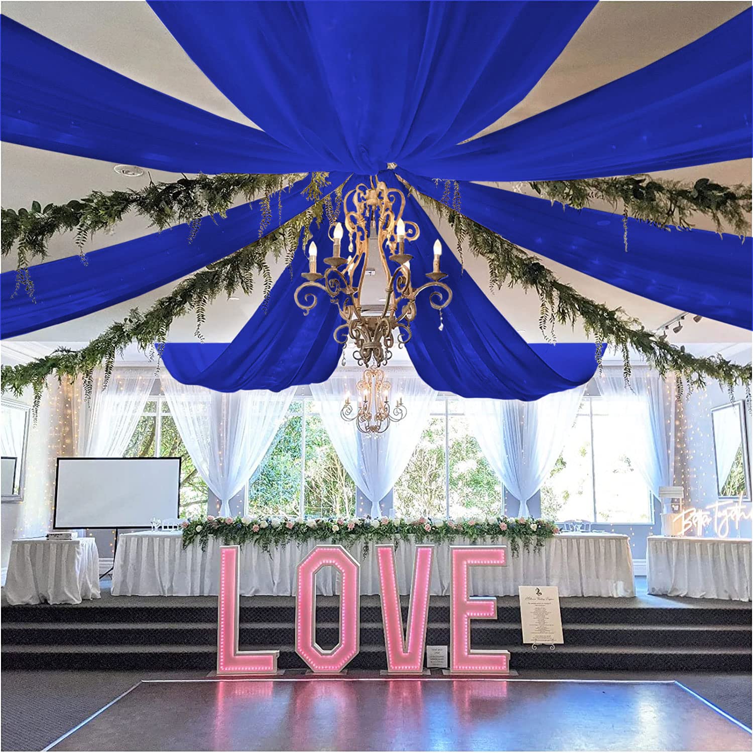 FOTSHARER Blue Wedding Drapes - 5FTx10FT, 6 Panels, Sheer Voile Chiffon Curtains & Arch Backdrop