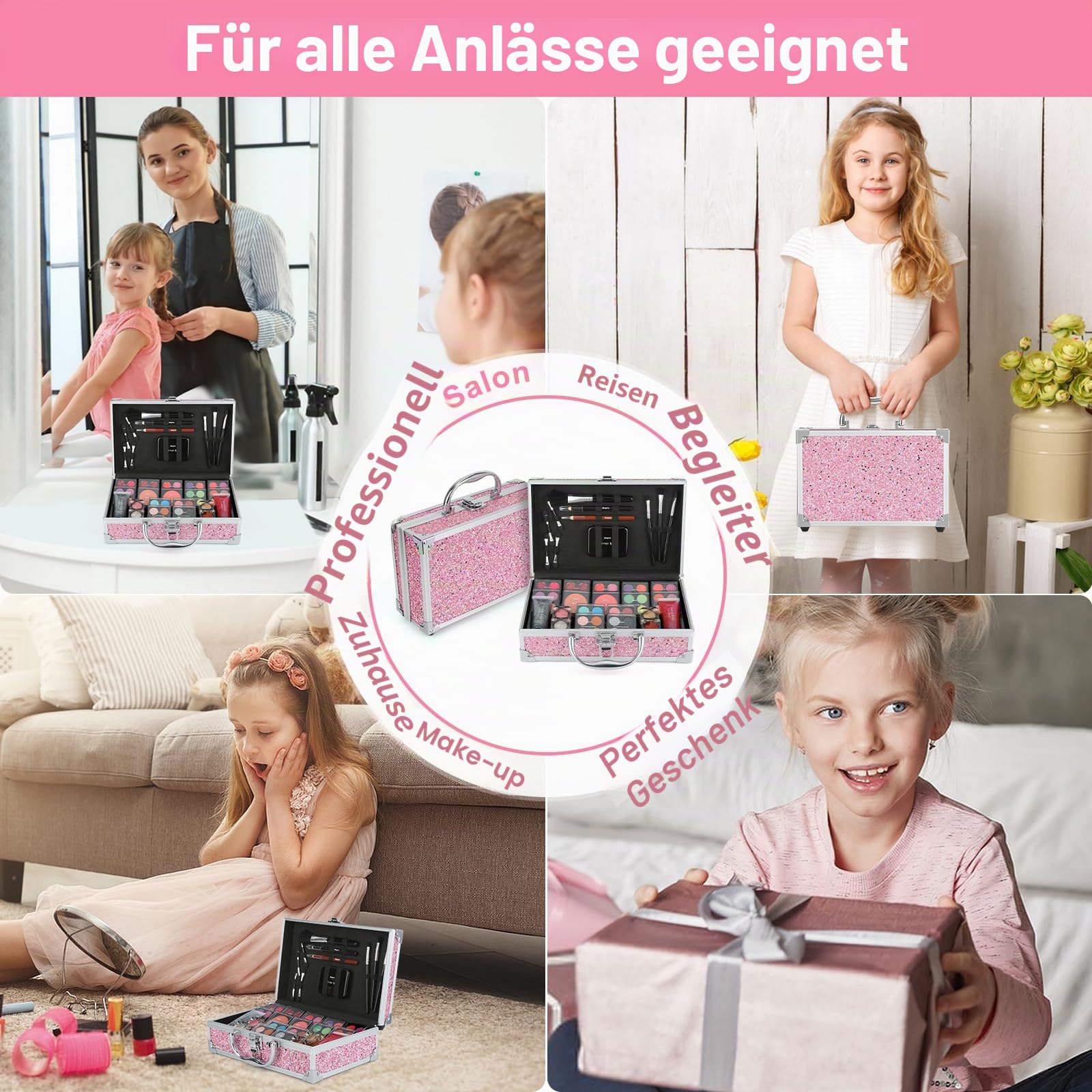 Anpro Veganes Hot Pink Schminkkoffer, Make Up Set für unterwegs mit Kosmetikpinsel, Lippenstift, Lidschattenpalette, Rouge, Glitzer-Gel in Rosa, lustiger Reise-Schminkkoffer für Mädchen
