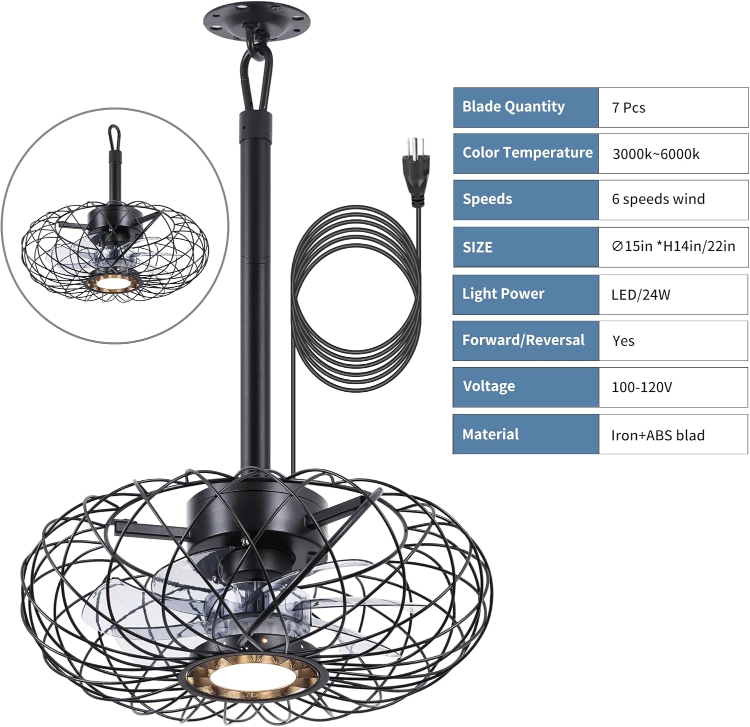 PAZALA 15" Gazebo Ceiling Fans with Lights and Remote Control, Waterproof Enclosed Caged Ceiling Fan with 3 Color LED Light, Portable Hanging Outdoor Fan with Plug in Cord Hook for Patios Black