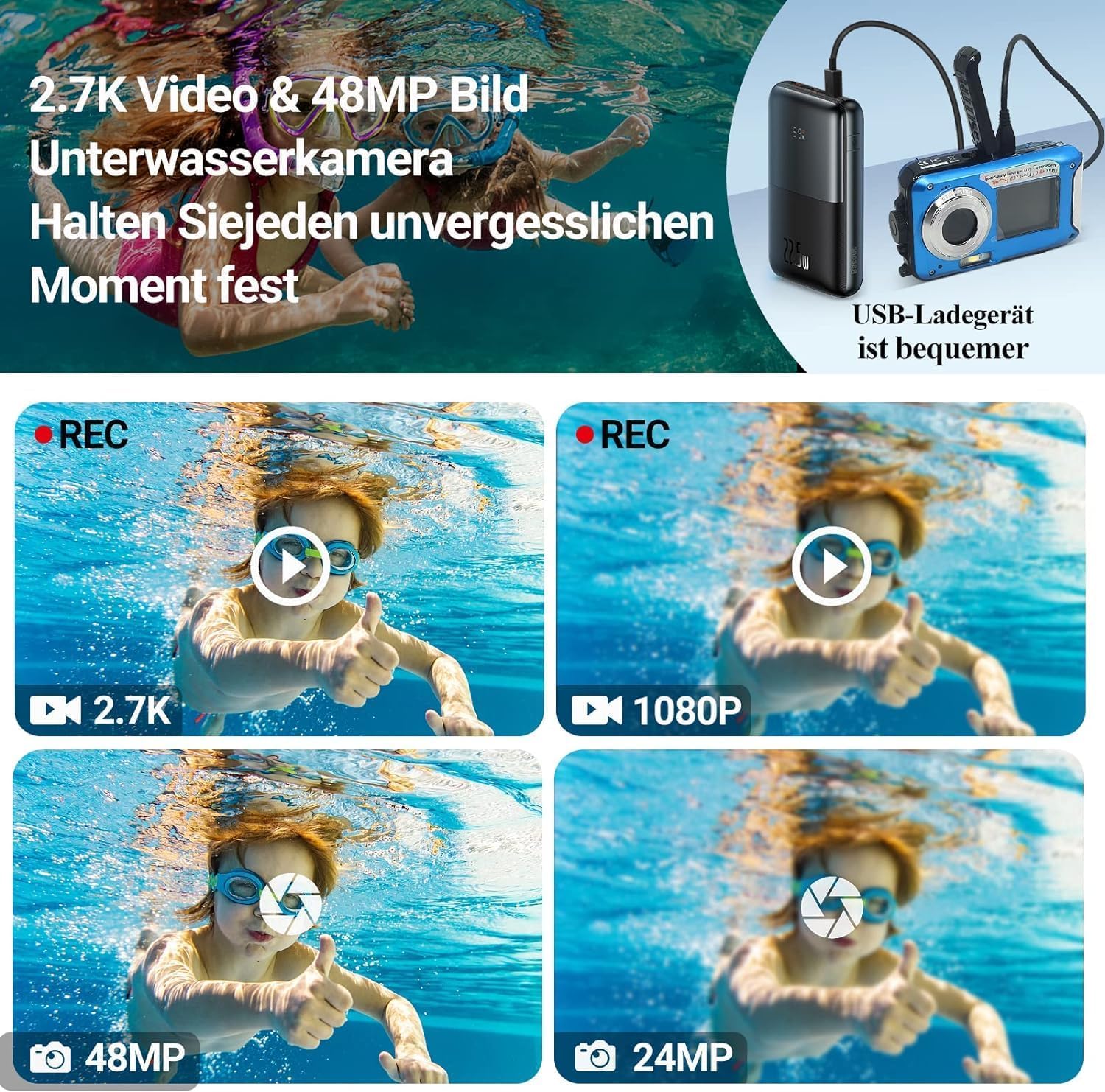Unterwasserkamera Full HD 2.7K 48MP 10FT Kamera Wasserdicht Dual Screen 16X Digital Zoom Schnorcheln wasserdichte Digitalkamera fü r Selbstauslöser Unterwasser, Schwimmen, Urlaub