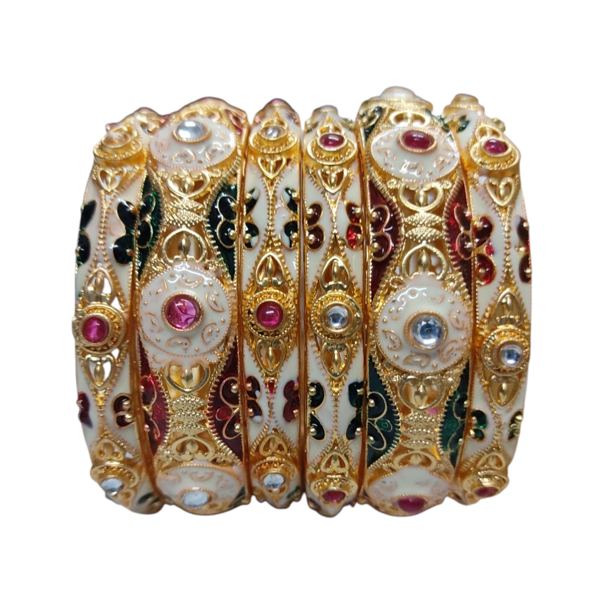 Santosh Enterprise Traditional Gold-Plated Ruby Green White Meenakari Bangles with Multicolour Stones, Set of 6-image-26