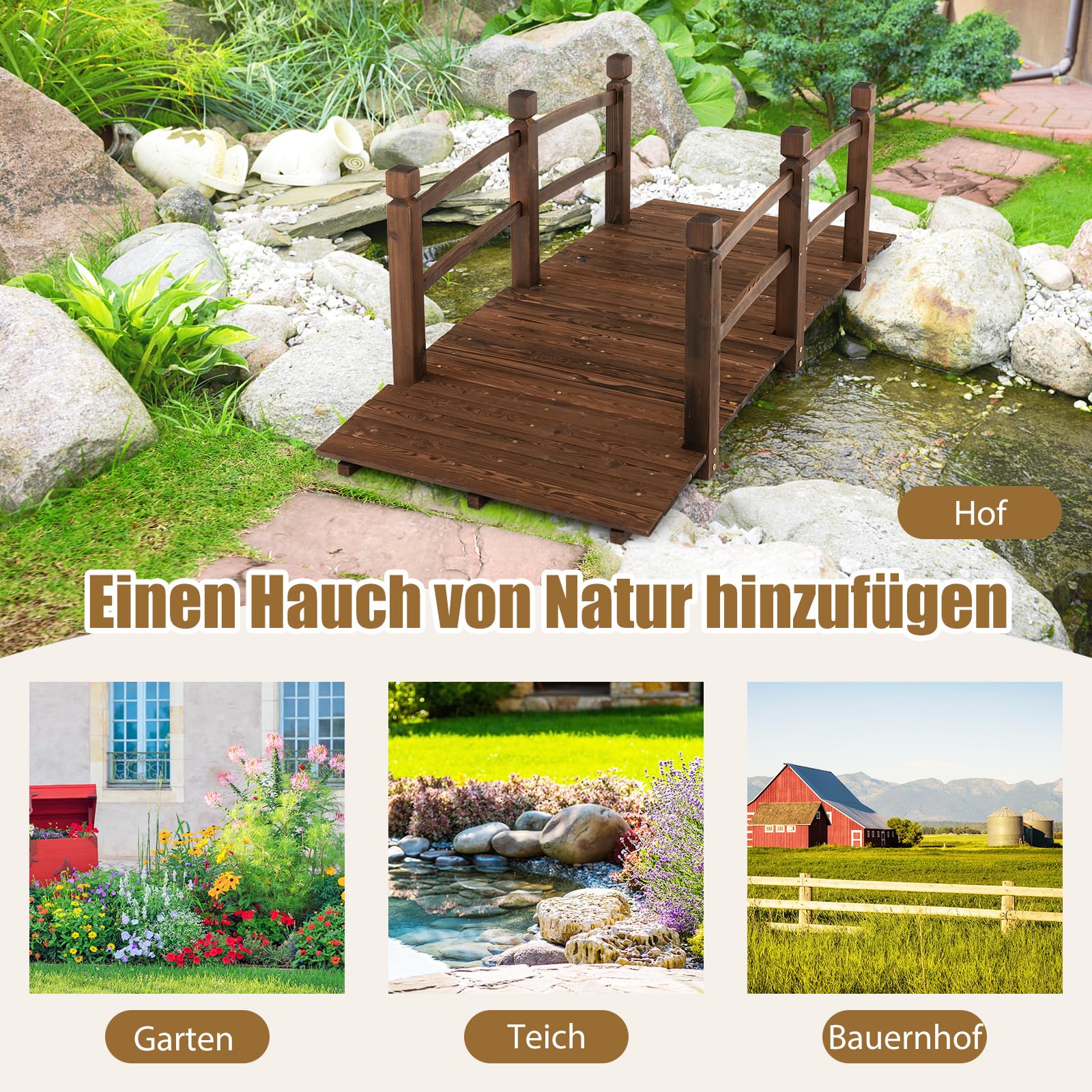 RELAX4LIFE Gartenbrücke aus Tannenholz, Teichbrücke mit Geländer, Holzbrücke bis 150kg belastbar, Zierbrücke für Garten Teich Terrasse Hof, 171,5 x 75,5 x 58 cm, Dunkelbraun
