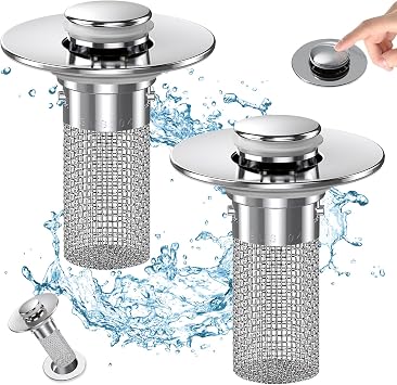 Bathroom Sink Drain Strainer, Pop Up Sink Drain Filter with Removable Stainless Steel Filter Basket Hair Catcher, Bathroom Sink Drain Stopper, for Us Bathroom Sink Stopper Replacement 2pcs