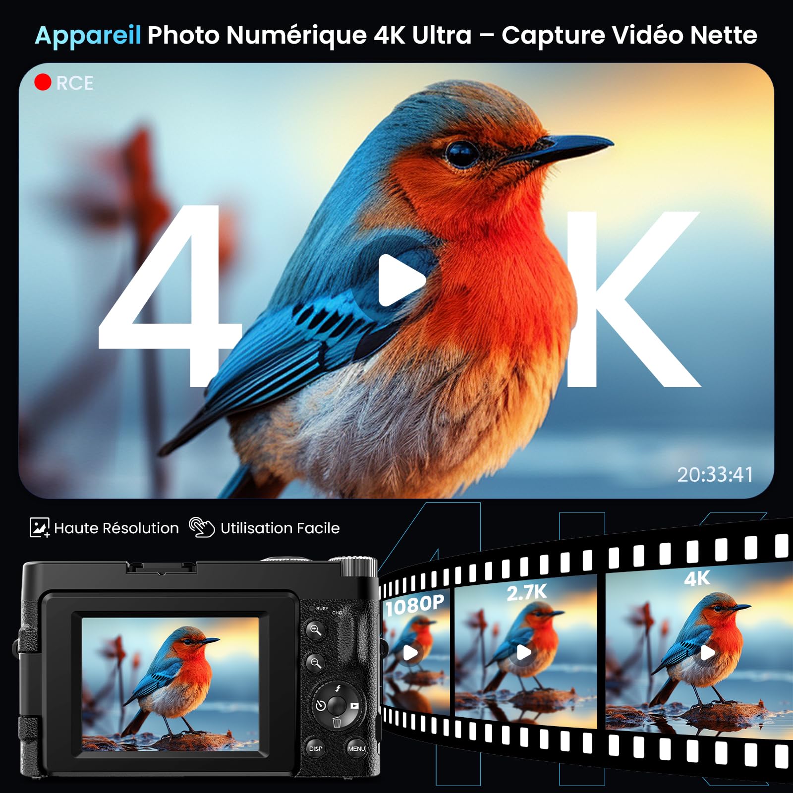 Digitalkamera 4K mit WiFi 64MP Kompakte Digitalkamera mit 3" 180° Flip-Bildschirm, 32GB Karte, 2 Akkus, 16X Digitalzoom, Autofokus, Anti-Shake, Ideal für Teens, Anfänger, Vlogging, Reisen
