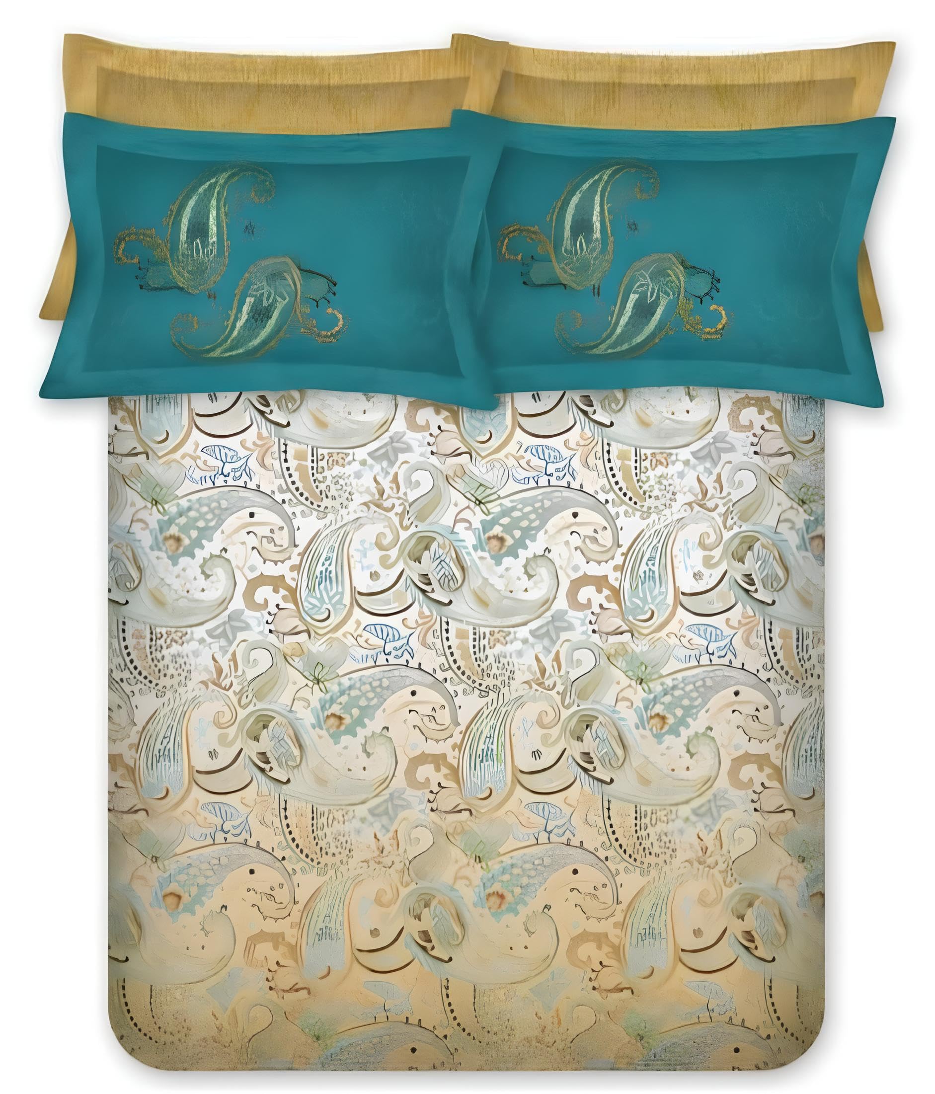 Bombay Dyeing King Size Bedsheet Cotton, Luxurious 300 Thread Count Cotton Bedsheet Set with 4 Pillow Covers - Ethnic Prints of India, 274cm x 274cm - Blue and Yellow-image-23