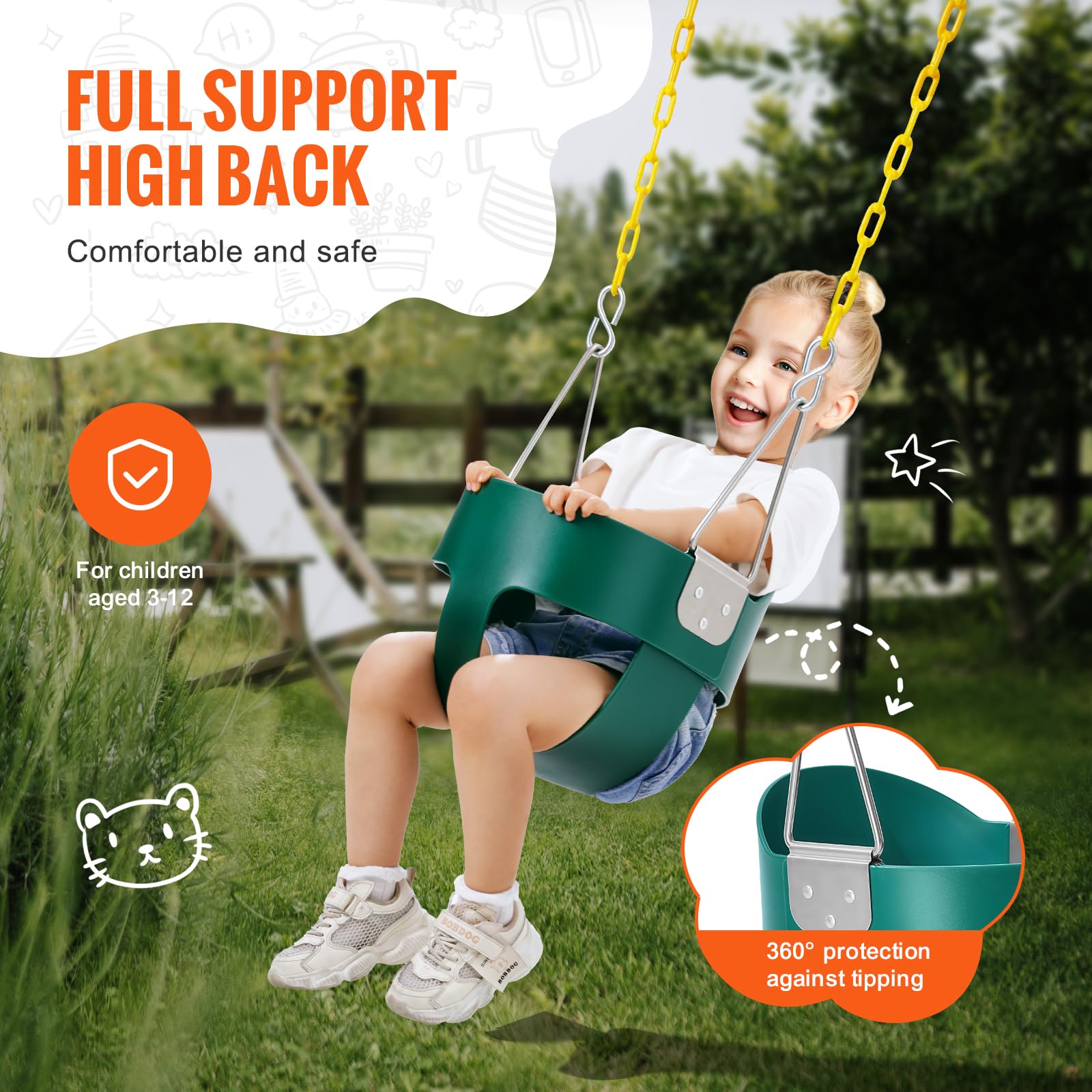 VEVOR Toddler Swing Seat, High Back Full Bucket Baby Swing Seat with Coated Chains and Carabiners, Support 150 lbs Baby Outdoor Swing, Fully Assembled Swing for Toddlers Age 3+, Indoor and Outdoor - Image 3
