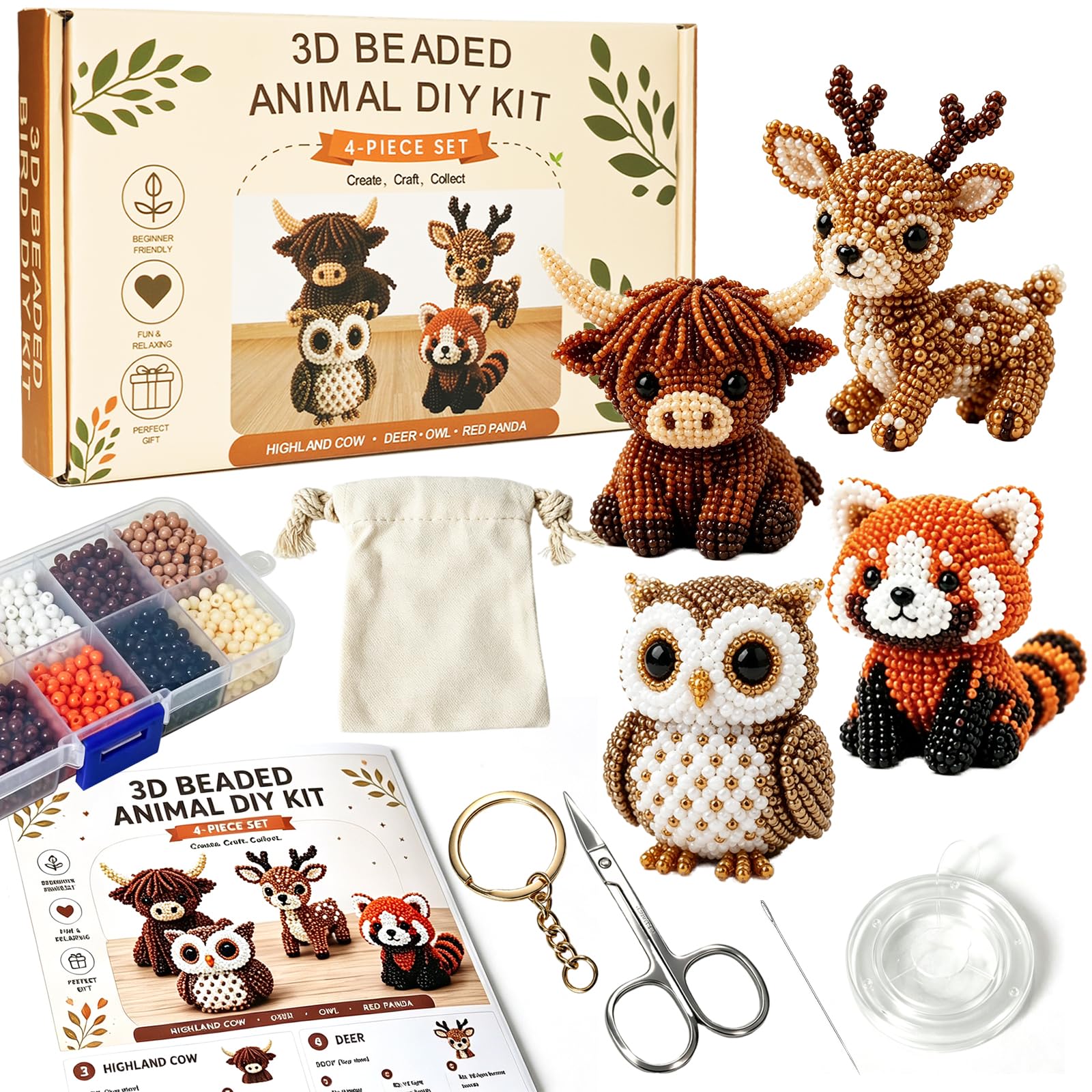 Moonlight Miles Multicolor 3D Beaded Animals Kit, Tiny Bead Animals Making Kit, Cute Diy Beading Art Crafts Kit For Adults Beginners (Friends)