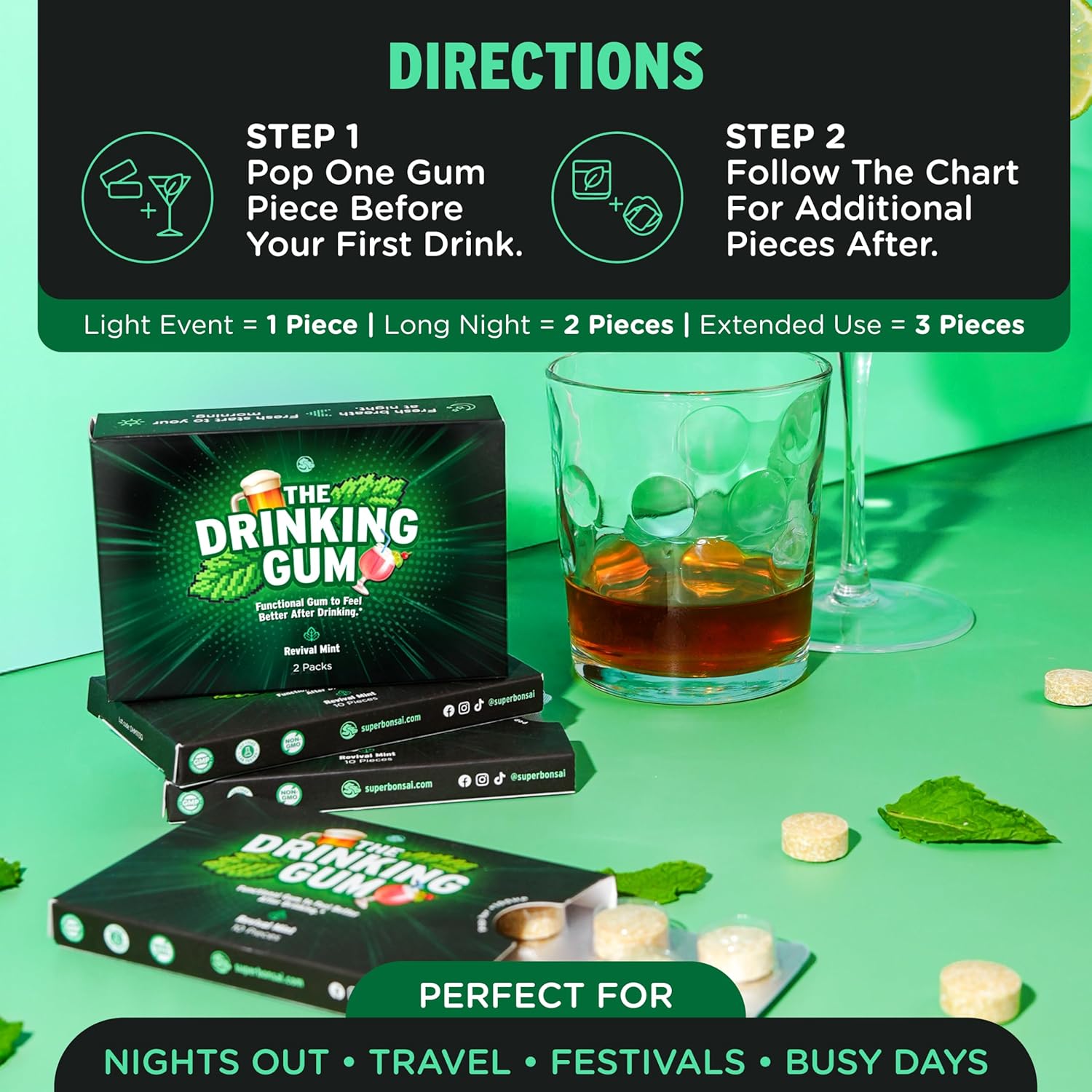 SuperBonsai The Drinking Gum – Revival Mint, Functional Chewing Gum with DHM and B Vitamins B3 B6 B12, Cool Mint Flavor for Nights Out, Celebrations and Morning Reset, 20 Count (Pack of 2)