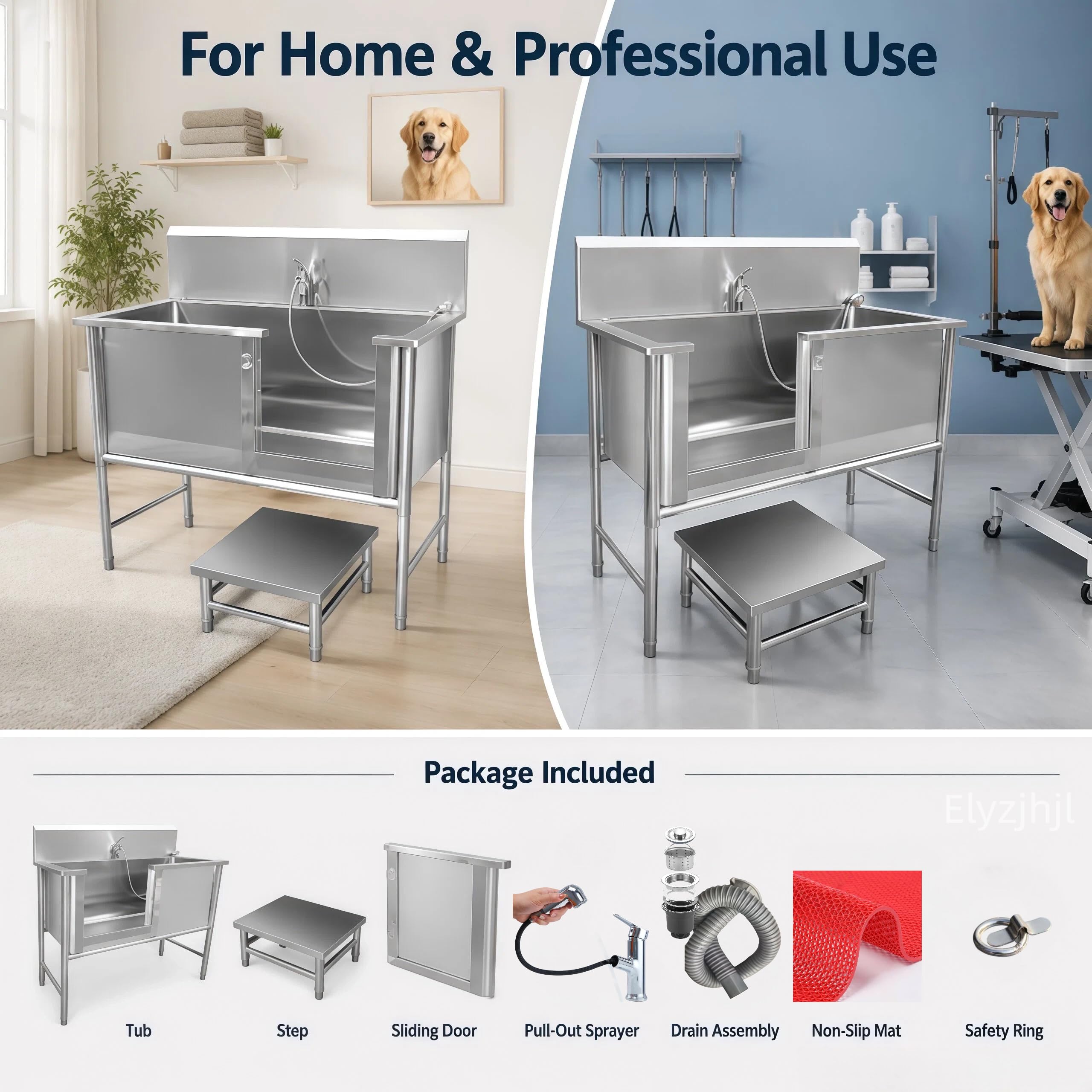 Estación de Lavado para Perros de Acero Inoxidable, Bañera Para Aseo de Mascotas Profesional con Puerta Corredera Izquierda y Rampa, Grifo Extensible, Orificio de Drenaje con Filtro 100/120cm (100cm)