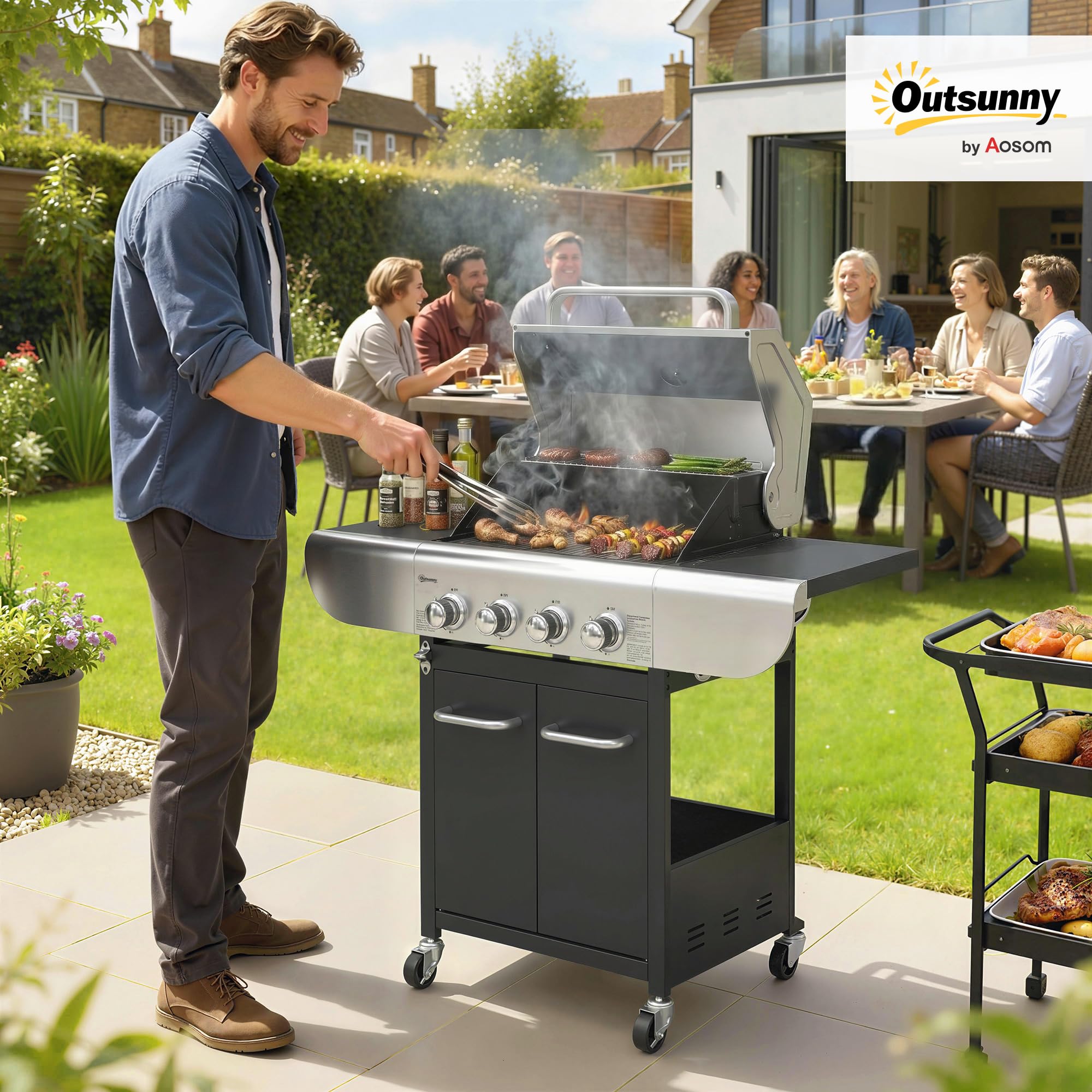 Outsunny Barbacoa de Gas BBQ Gas con 4 Quemadores 12,8 kW Barbacoa Portátil con Termómetro Mesas Laterales Armario Rejilla Calentadora Acero Parrillas de Hierro Fundido Recogedor Grasa 4 Ruedas Negro