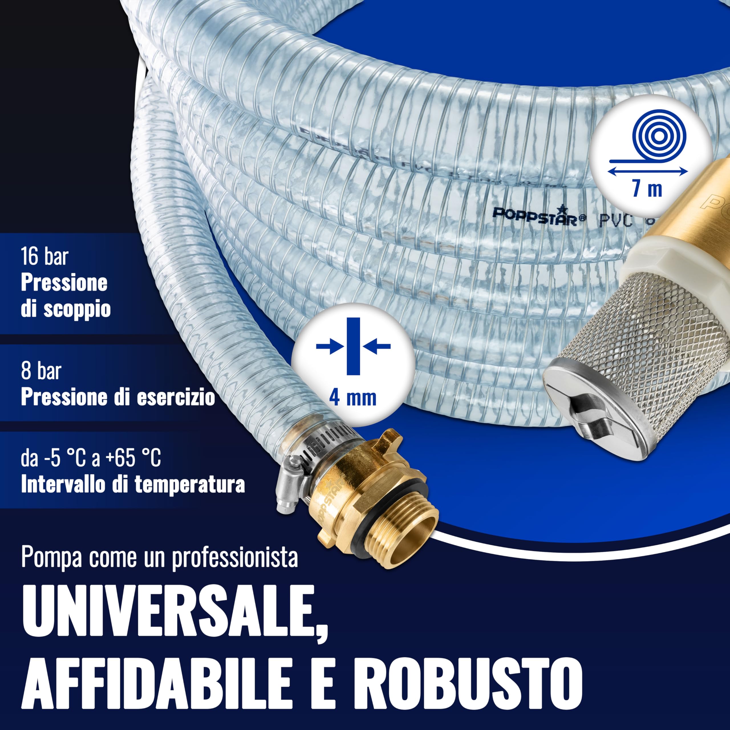 Tubo di aspirazione 1" 7m, diam. int./est. 25mm/33mm, spess. parete 4mm, incl. cestello aspirazione inox valvola ritegno, dado raccordo diam. int. 1 1/4" (41,9mm), riduttore diam. est. 1" (33,3mm)