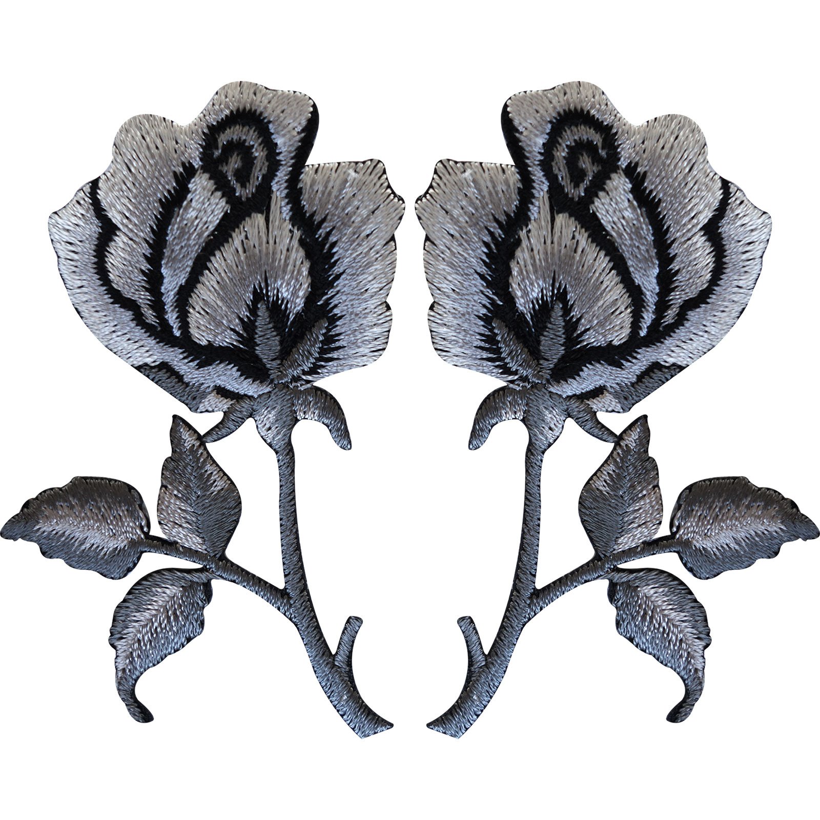 Coppia Di Rose Ricamate Termoadesive Grigie E Nere, 4,5x7 Cm, Per Applicazioni Su Tessuti