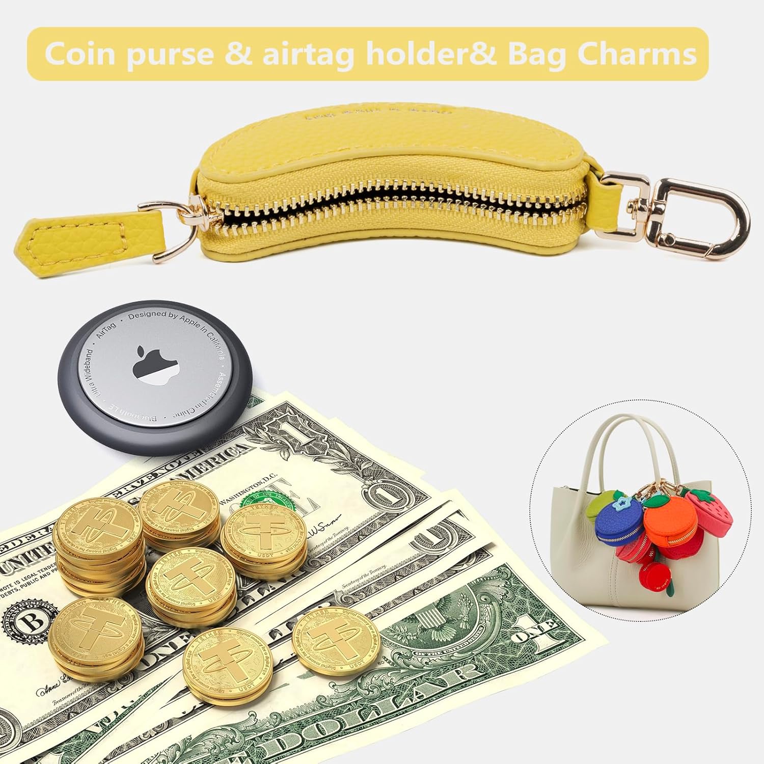 Cute Fruit Coin Purse Bag Charm,Mini Leather Coin Change Purse & Pouch Holder Keychain Charm for Handbag Tote Wallet Airtag Accessories,Kawaii Fruit Bag Charms for Girl Women Yellow Banana - Image 3
