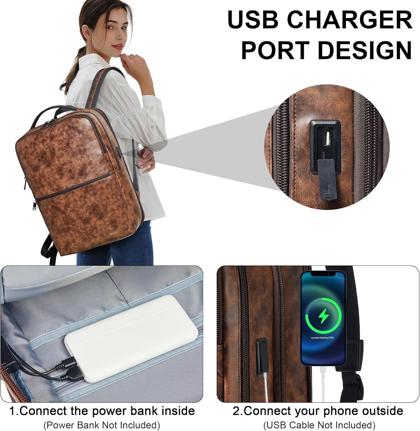 Shrrie Vegan Leather Laptop Backpack for Women&Men,16 Inch Expandable Backpack with USB Charging Port,Two-toned Brown - Image 5