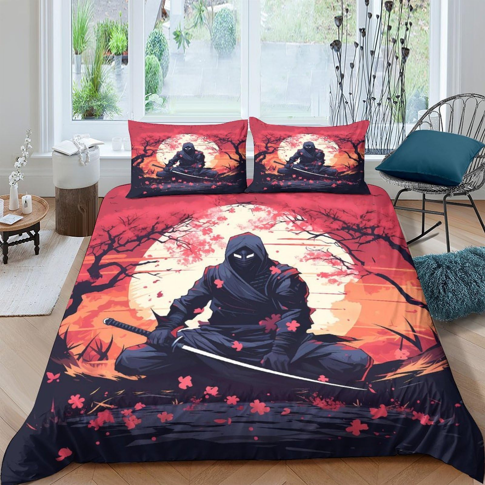 Ctjqhvkz Style-3 3D Printed Ninja Warrior Fitted Sheet Microfiber Soft Red Sunset Samurai Bed Cover For Bedroom Dorm Decor Protection Single（135X200cm）