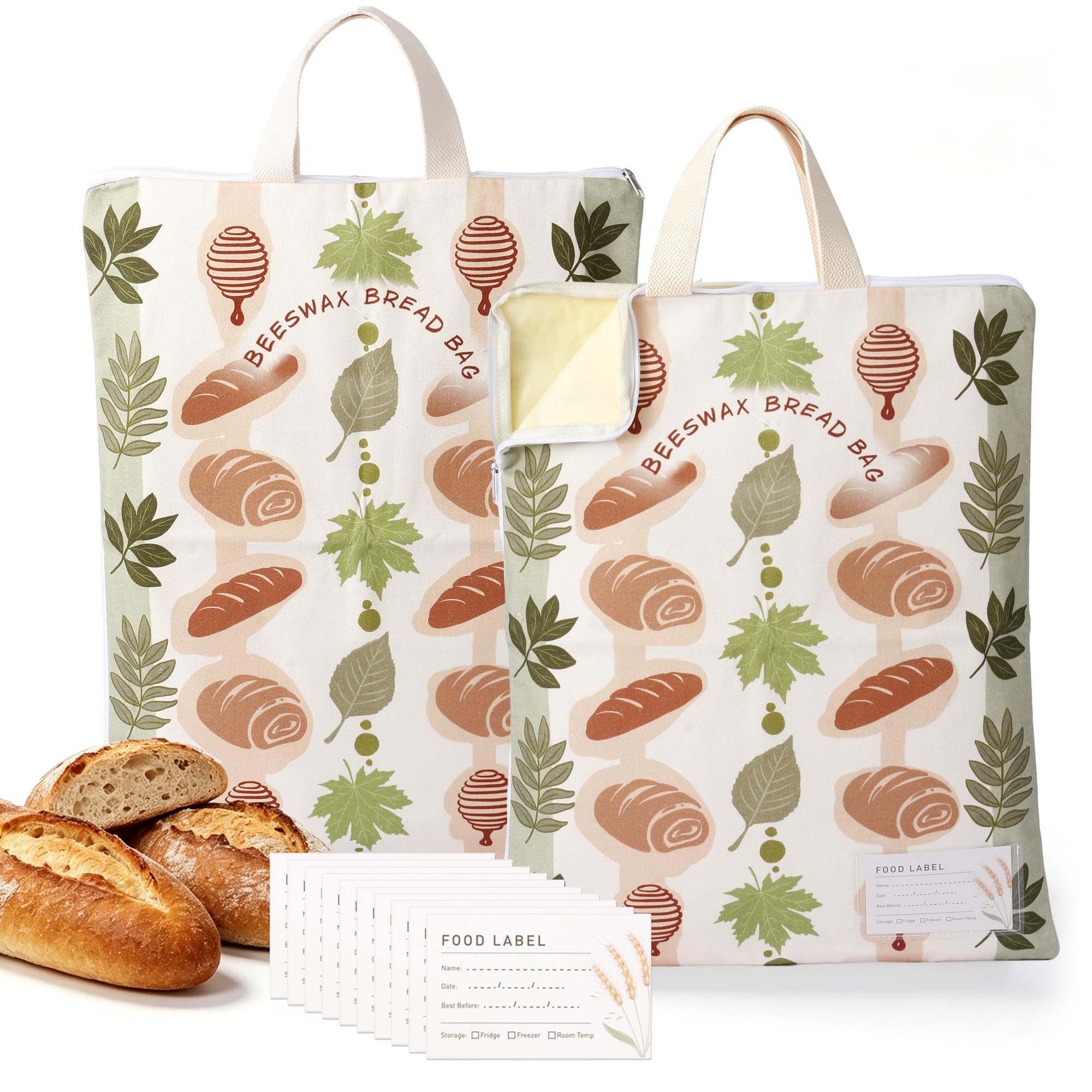 2 Pack Beeswax Bread Bags for Sourdough, 17x13 Inch Reusable Cotton Bread Storage Bags with Zipper and Handle Natural Beeswax Lining Freezer Friendly with 10 Food Labels Included (Bakery Leaves)