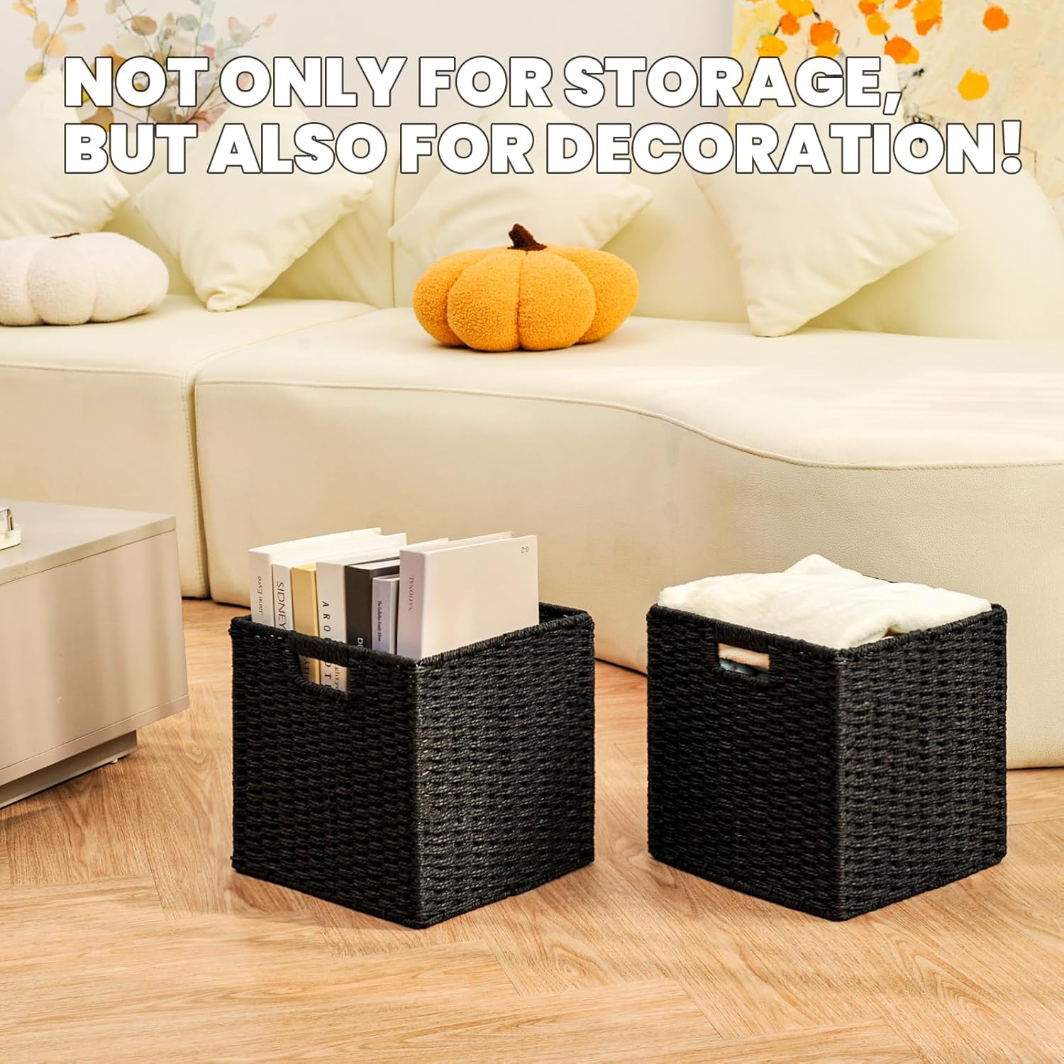 Black Storage Bins, Wicker Storage Baskets for organizing, Paper Rope Woven Basket for Storage, 11 Inch Storage Cubes bin 11x11x11, 11"x10.25"x11", 2 Packs, Black