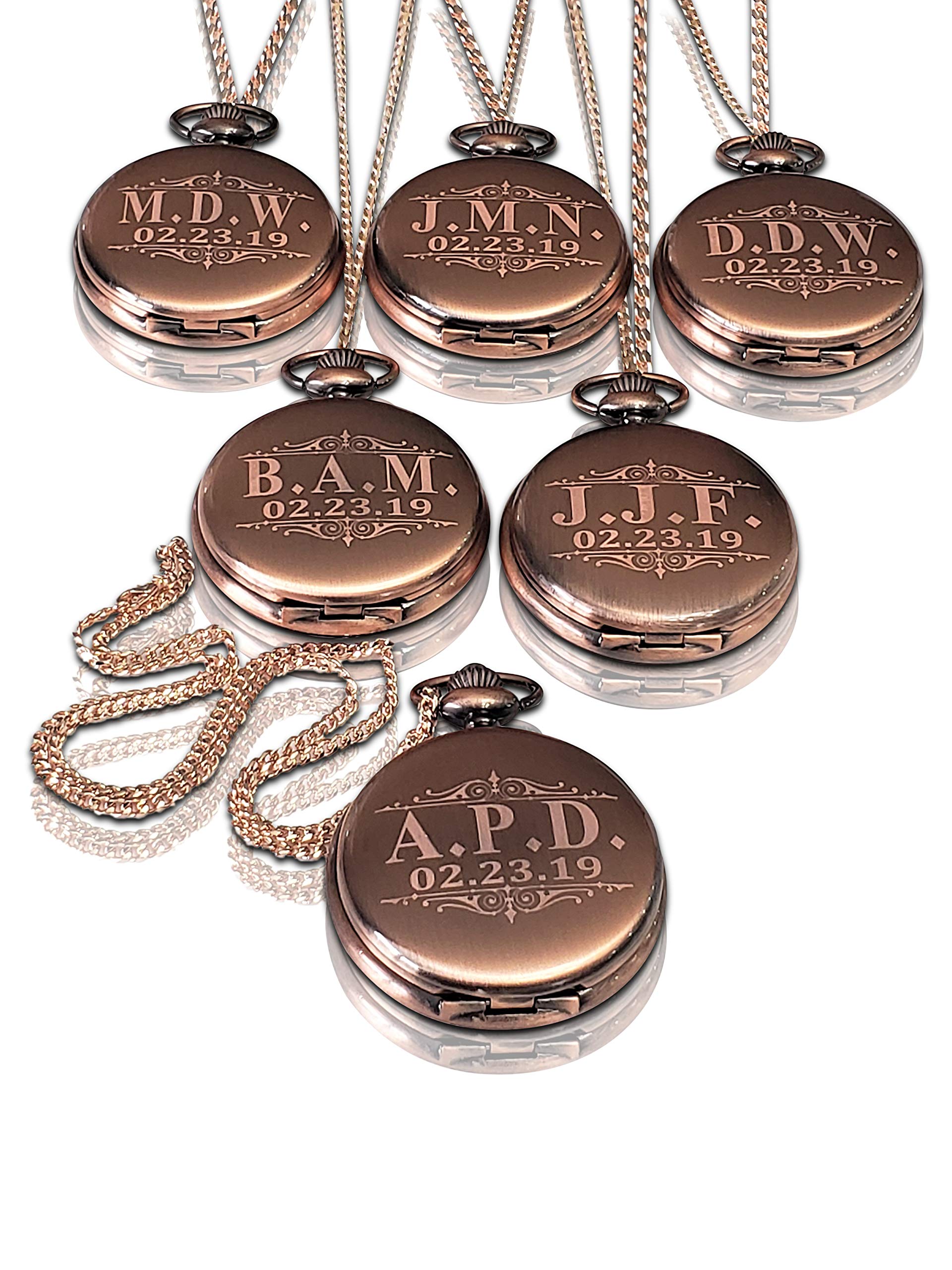 8 Groomsmen Engraved Pocket Watches, Set of 8 Groomsmen Wedding Unique Gifts, Chain, Box and Engraving Included, Comes in 5 Colors (Rose Gold)
