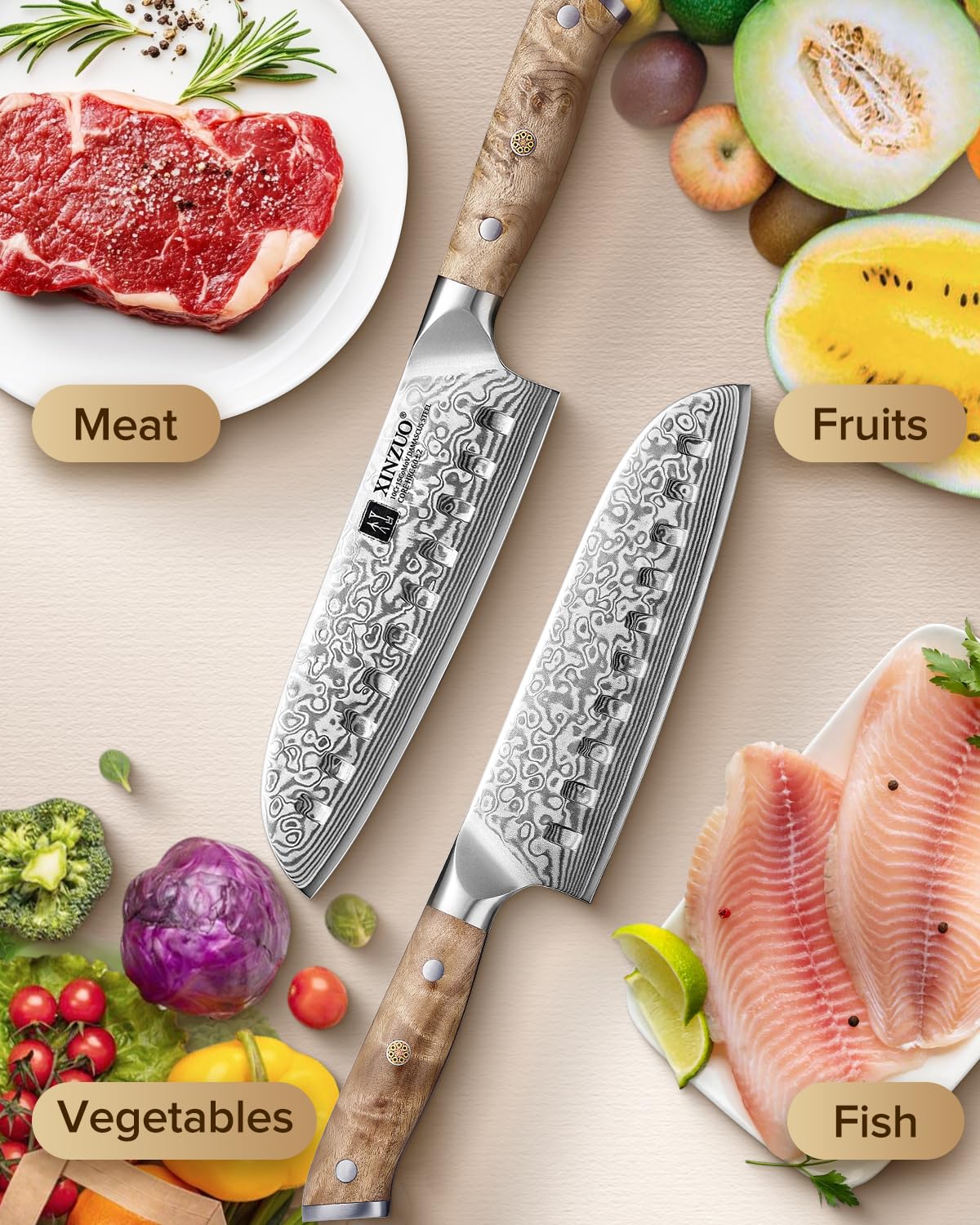 XINZUO 18cm Acero de Damasco Cuchillo Santoku -Profesional Afilado Cuchillo de Cocinero de Cocina 67 Capas de Acero de Damasco -Mango Ergonómico de Figured Sycamore Wood -con Caja de Regalo