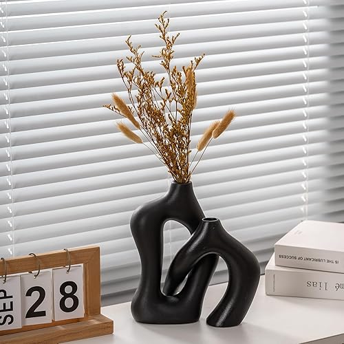 Noevay Black Vase -2Pack Minimalist Decor vase，Irregular Ceramic vase in Modern Style，Modern vase are Suitable for Dining Table Decor, Kitchen Islands, Living Rooms,bedrooms,Offices (Matte Black)
