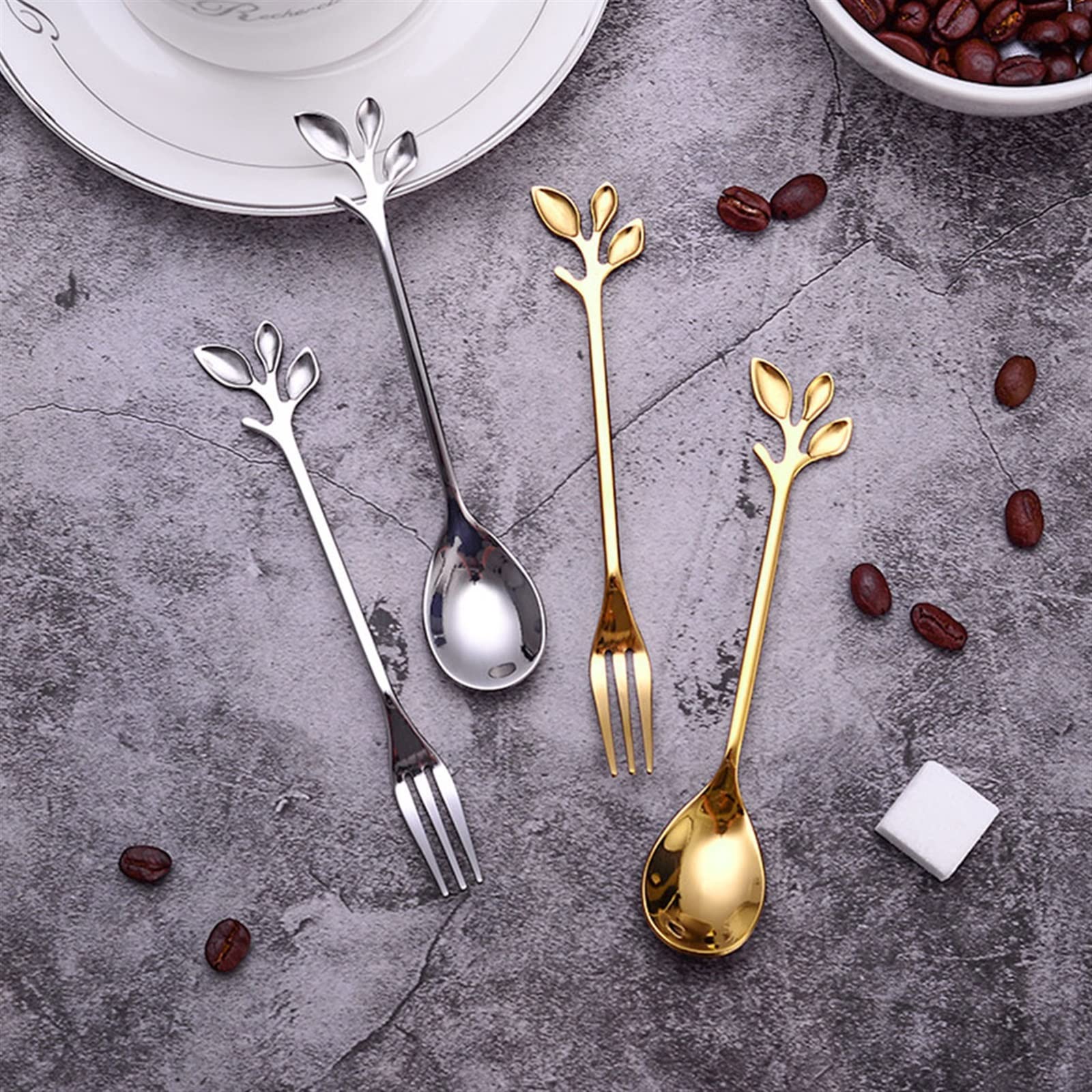 Cucharas de café, Tenedores, cucharas de Postre, Tenedores, Juego de Frutas, café, té, Aperitivos, ensaladas, Cubiertos de Acero Inoxidable, Utensilios para Servir c，Silver
