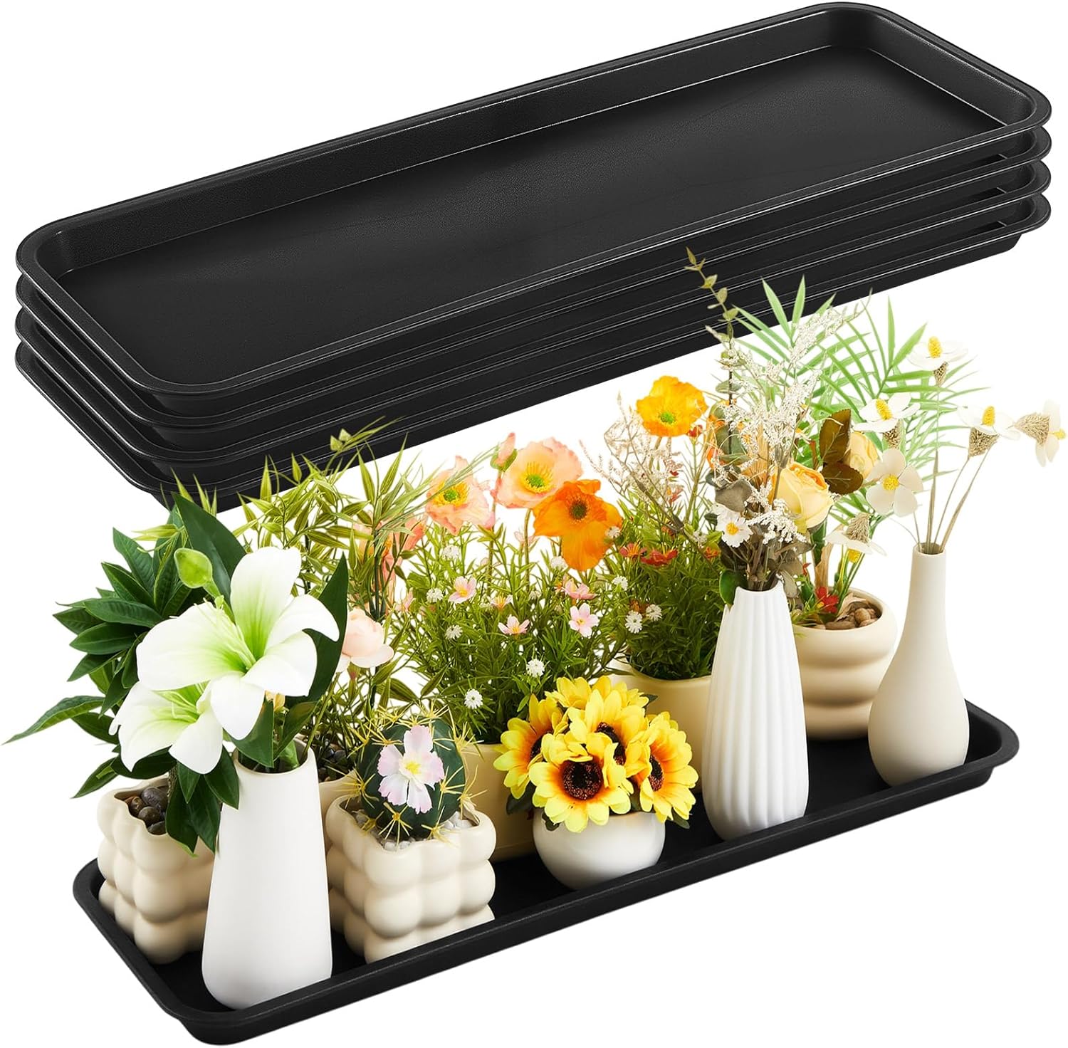 4 Pack White 24 x 8 x 1.6 Inch Rectangle Plant Saucer Large Plastic Plant Tray Water Drip Trays for Windowsill Flower Pot Planter Drainage Germination Garden Indoor Outdoor Use