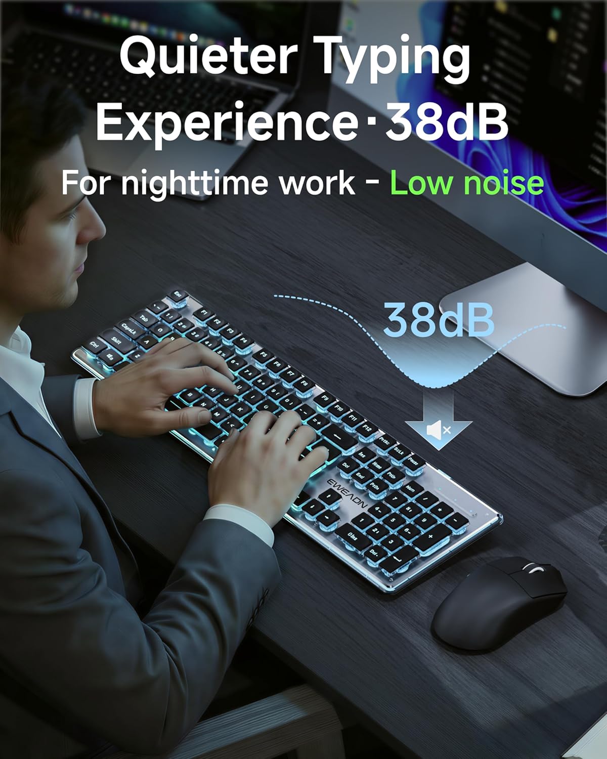 SEUNKWANG EWEADN X7S Wireless Keyboard and Mouse with Pudding Keycaps, Metal Panel, 2.4G Rechargeable Computer Keyboard and Mouse Combo Quiet Light Up Full Size Cordless Keyboards-Black