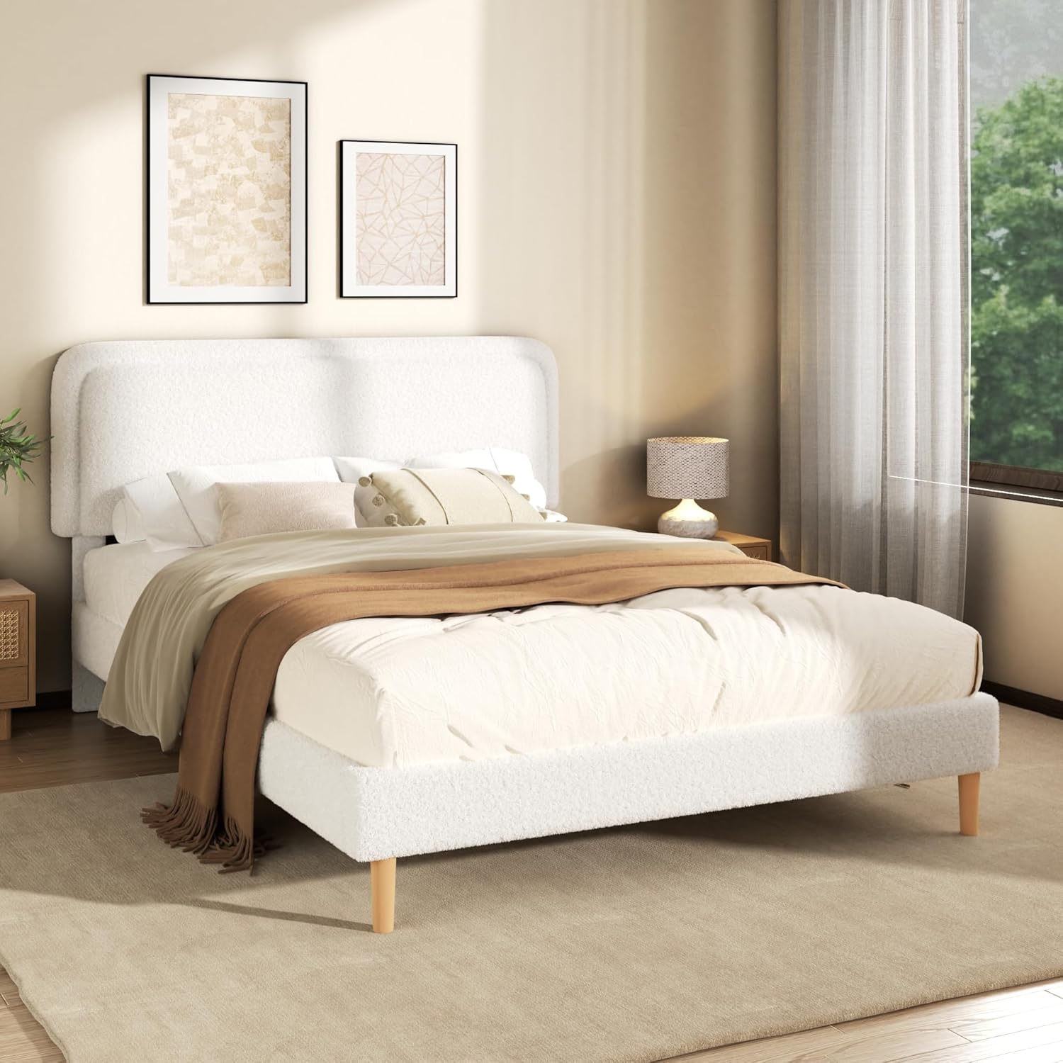 Full Size Boucle Platform Bed Frame with Adjustable Headboard (3 Heights), Upholstered Cloud Bed, Soft Rounded Corners, No Box Spring Needed, Easy Assembly, Noise Free, White