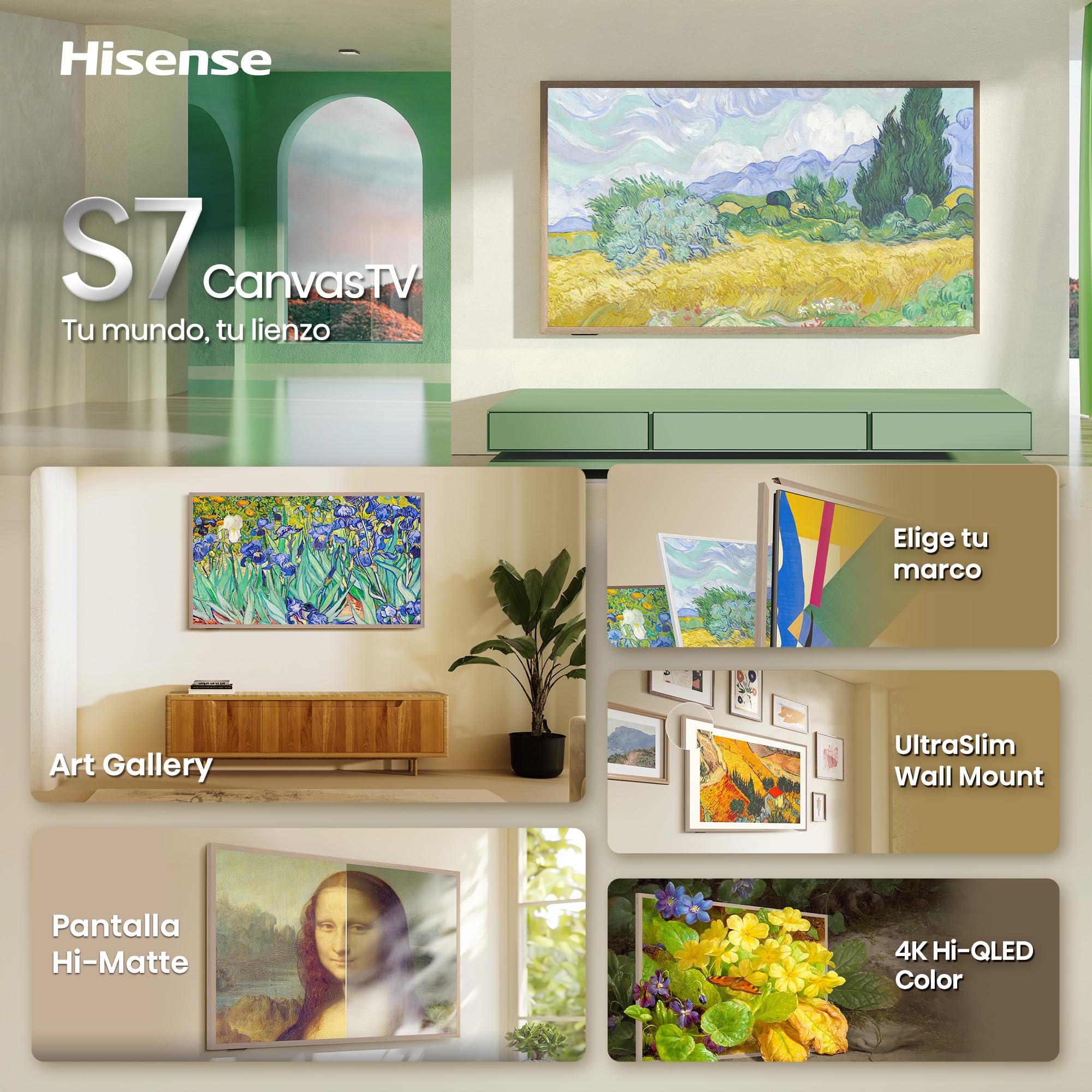 Hisense 55S7S - Hi-QLED Smart TV 55 Pulgadas, Hi-QLED Lifestyle TV, Modo Arte, Hi-Matte Display, Elige Marco, Diseño Ultra Fino, Soporte de Pared, Modo Juego 144 Hz Nativos, Sonido 2.0.2