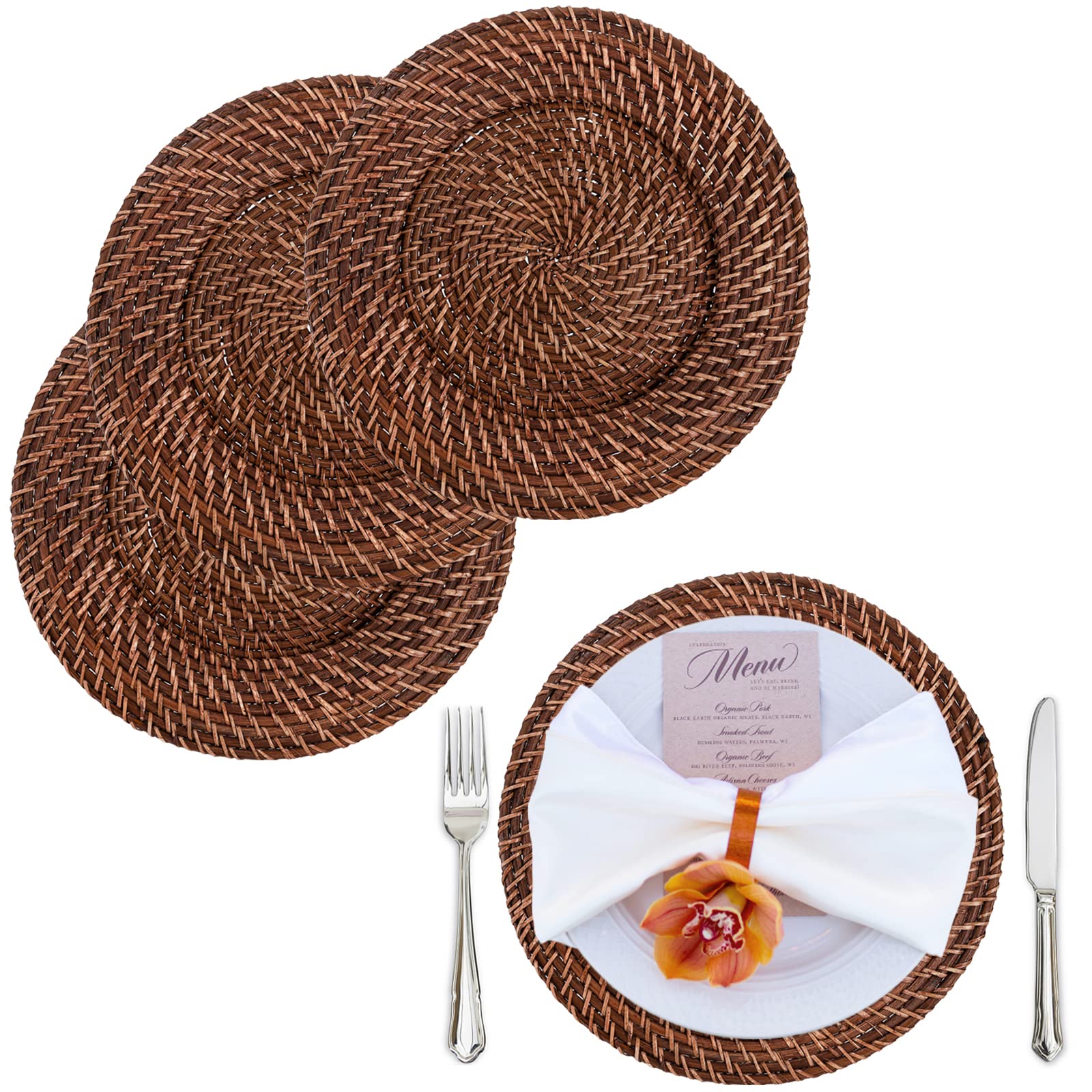 Nicunom4 Pack Premium Rattan Charger Plates, 13 Inch Rustic Chargers Plate for Dinner Round Woven Chargers Plate for Wedding Dinner Party Event Decoration, Brown
