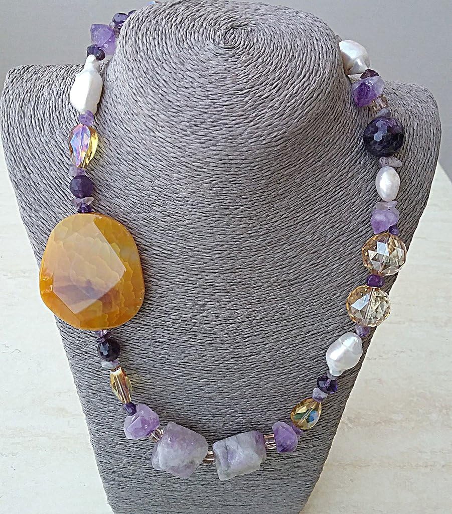 Amethyst, ocker agate, keshi pearl and champagne crystal necklace
